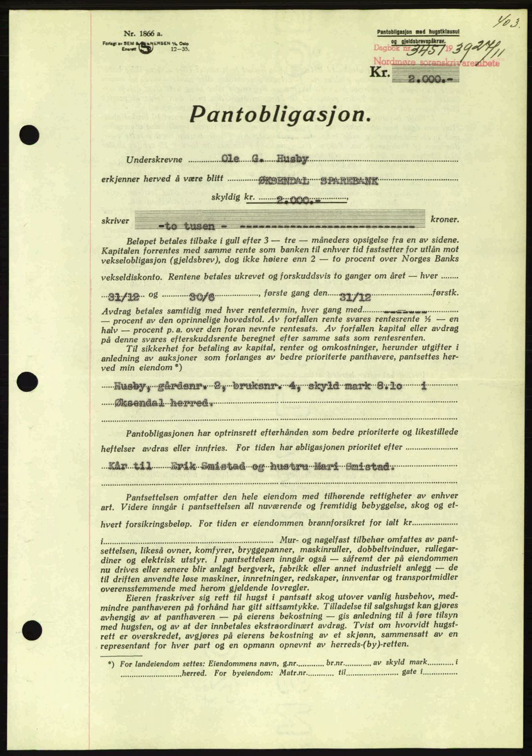 Nordmøre sorenskriveri, AV/SAT-A-4132/1/2/2Ca: Mortgage book no. B86, 1939-1940, Diary no: : 3451/1939