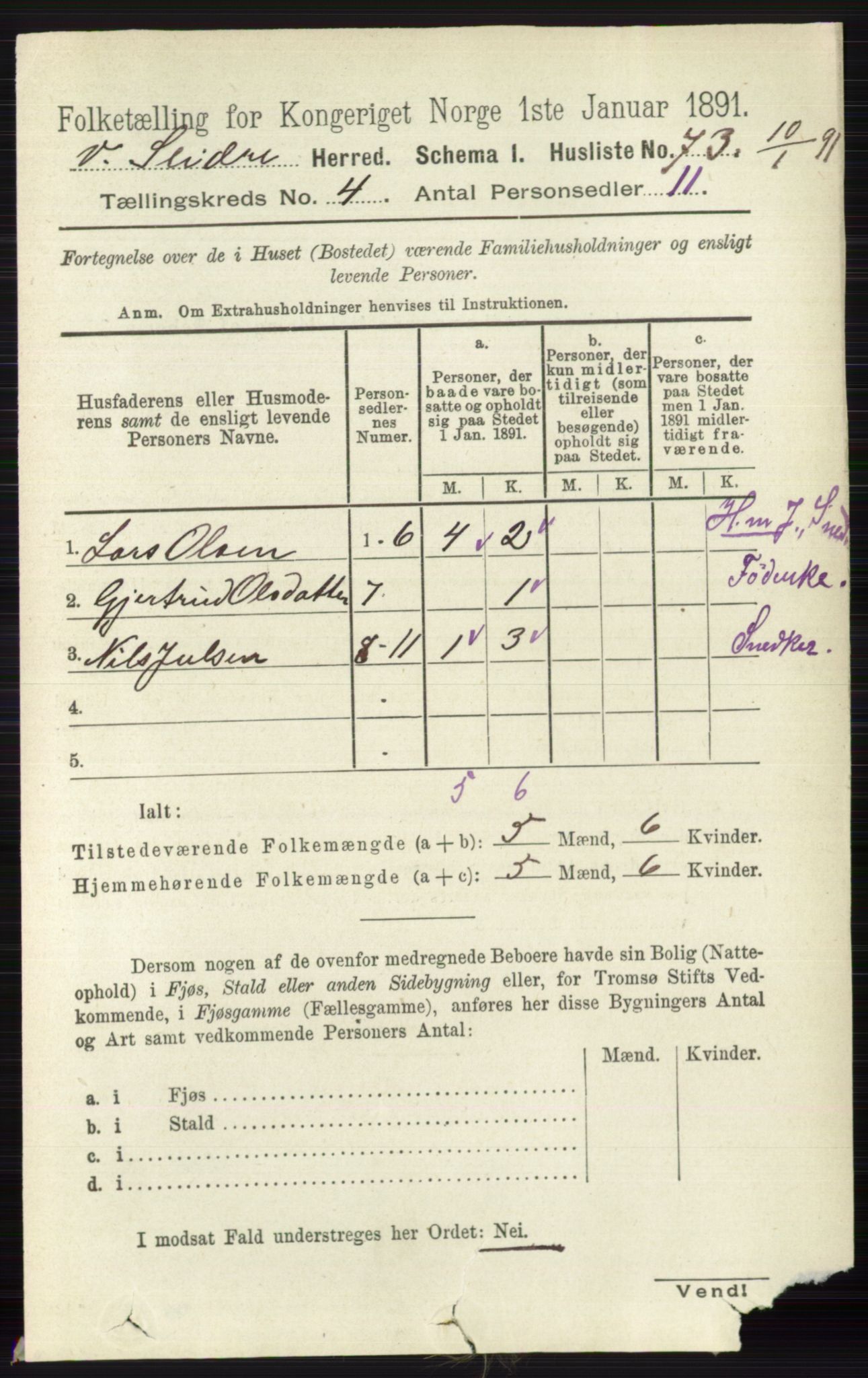 RA, 1891 census for 0543 Vestre Slidre, 1891, p. 1254