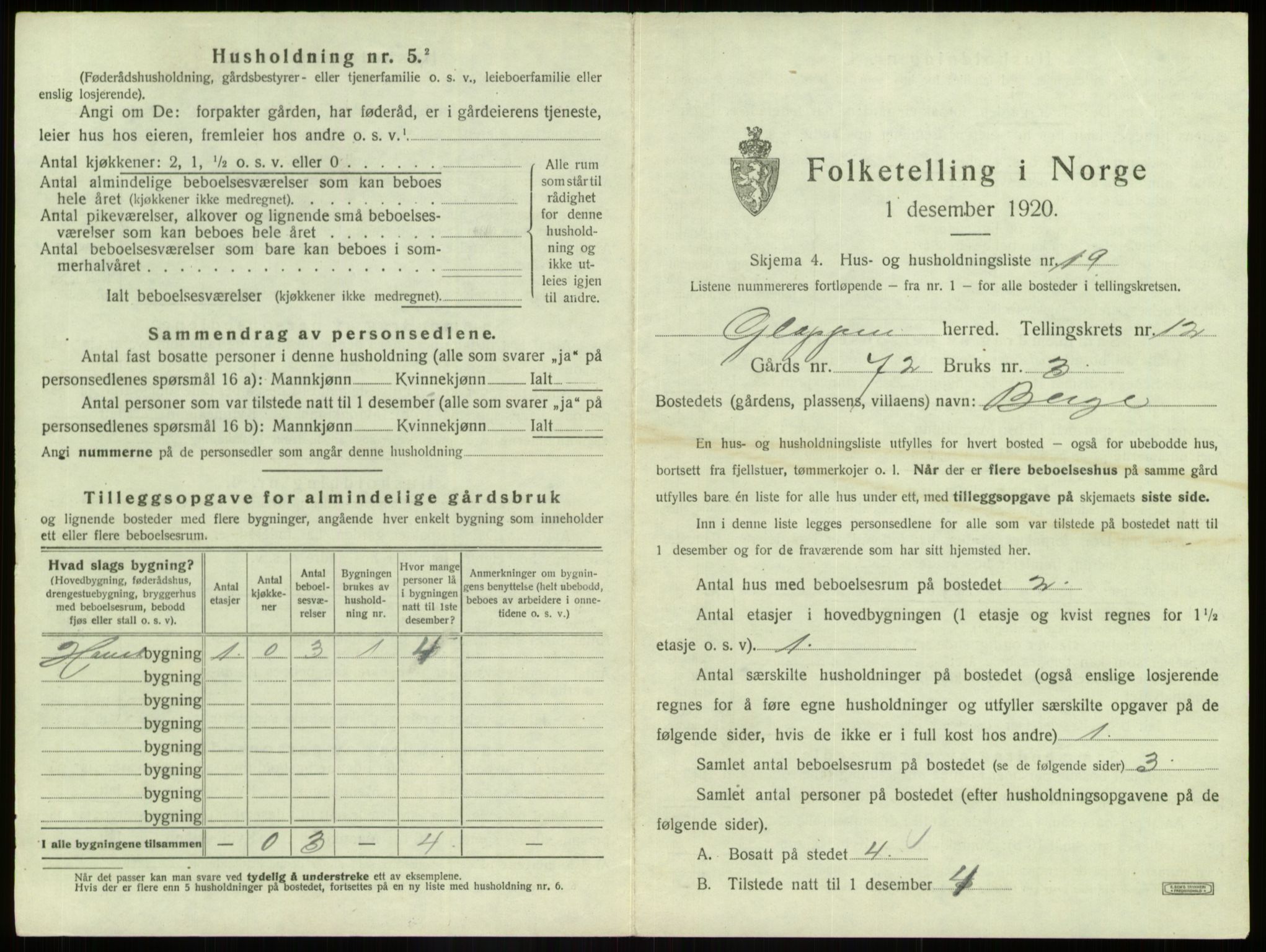 SAB, 1920 census for Gloppen, 1920, p. 826