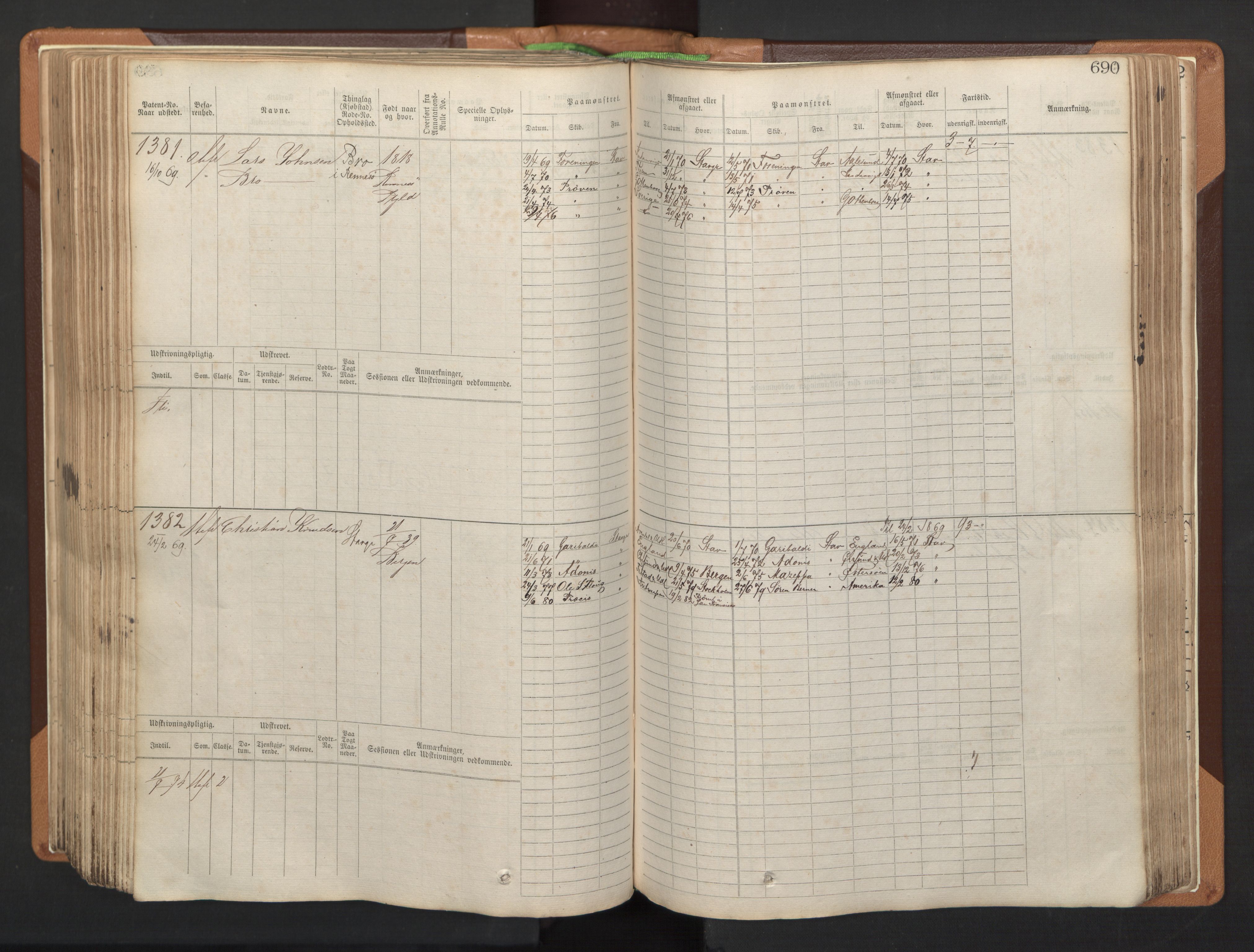 Stavanger sjømannskontor, AV/SAST-A-102006/F/Fb/Fbb/L0005: Sjøfartshovedrulle, patentnr. 793-1606 (del 2), 1869-1880, p. 302