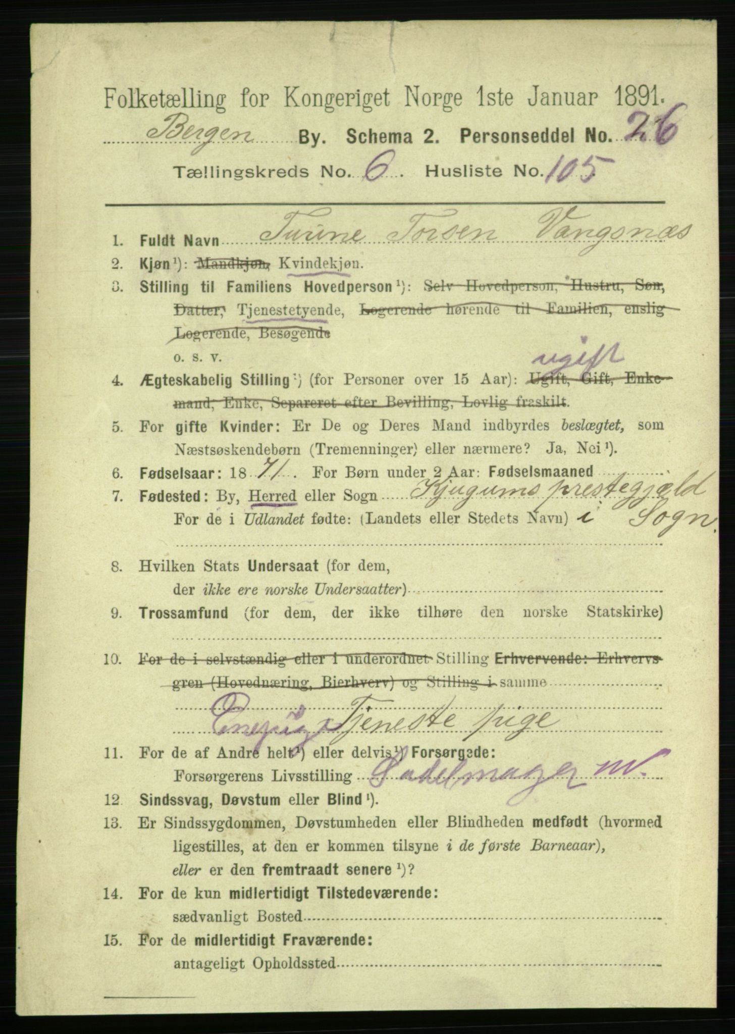 RA, 1891 Census for 1301 Bergen, 1891, p. 15712