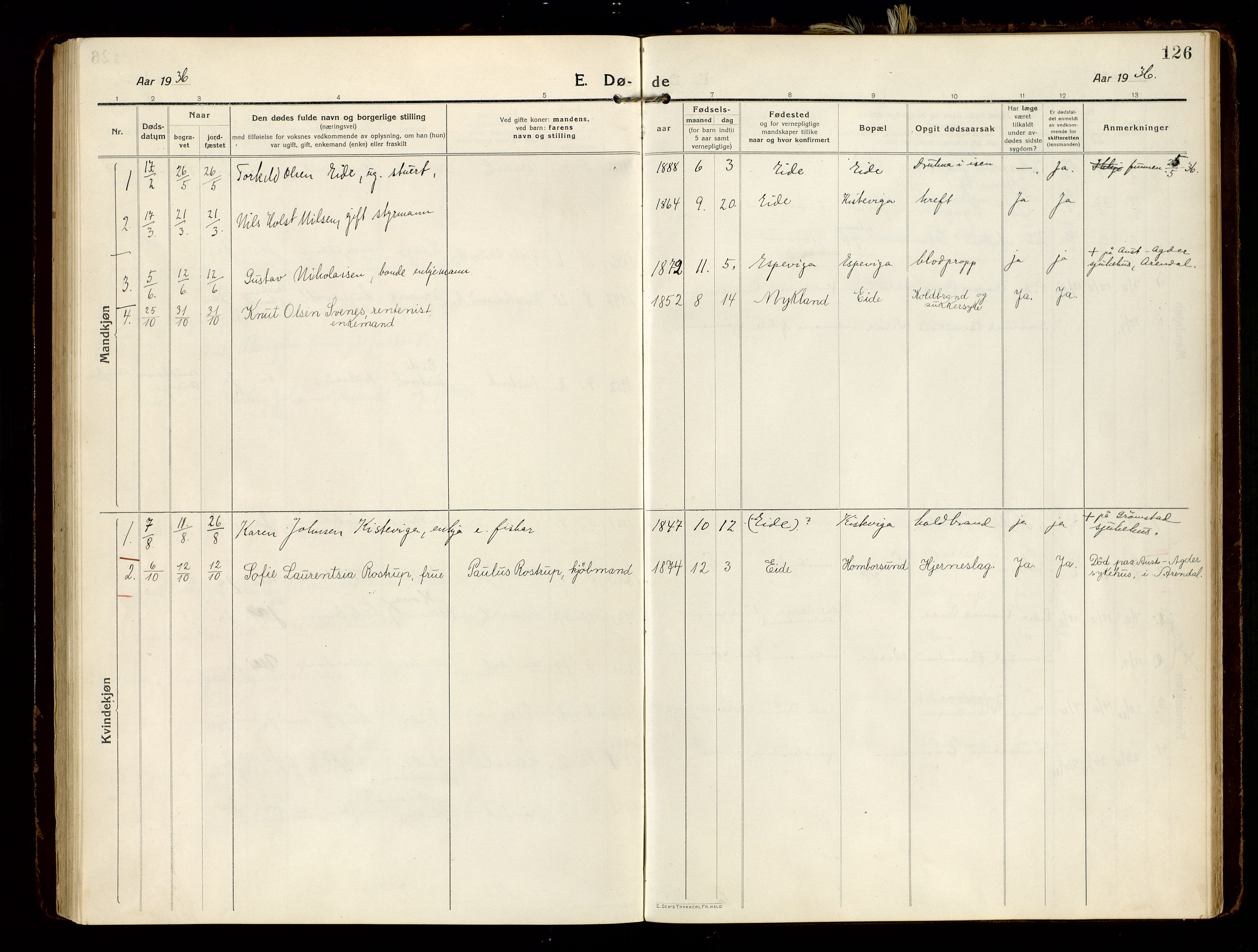 Hommedal sokneprestkontor, SAK/1111-0023/F/Fa/Faa/L0004: Parish register (official) no. A 4, 1916-1945, p. 126