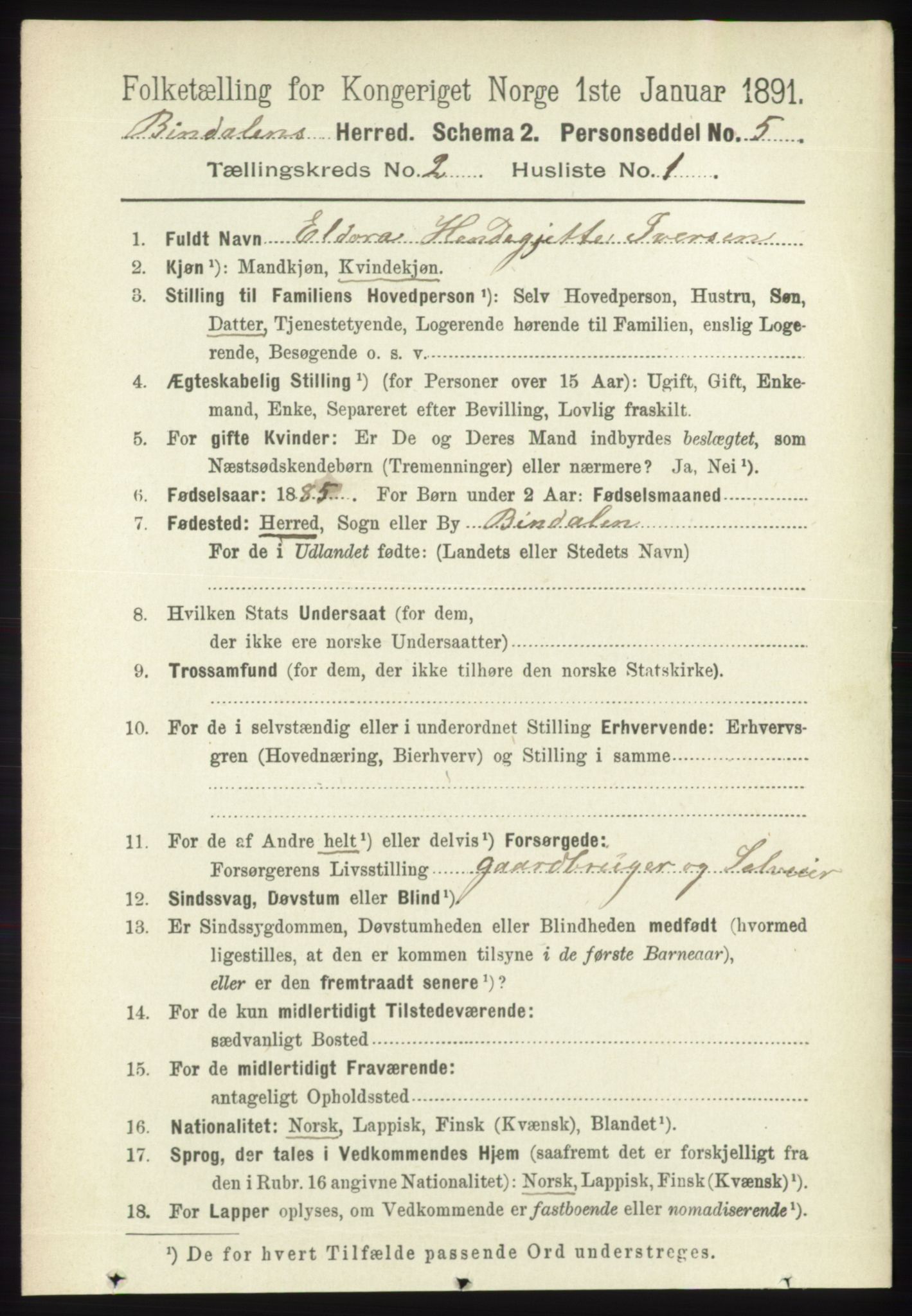 RA, 1891 census for 1811 Bindal, 1891, p. 284