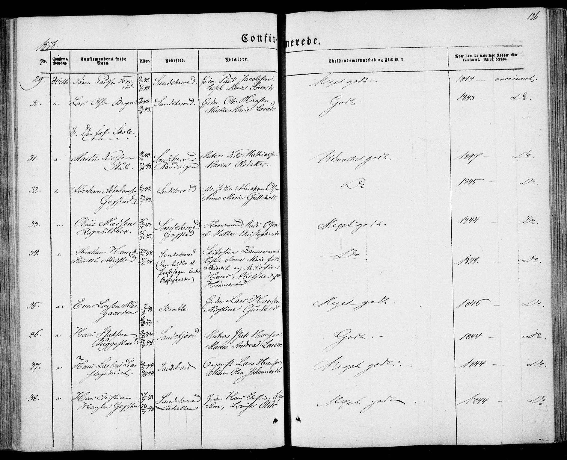 Sandar kirkebøker, SAKO/A-243/F/Fa/L0007: Parish register (official) no. 7, 1855-1861, p. 186