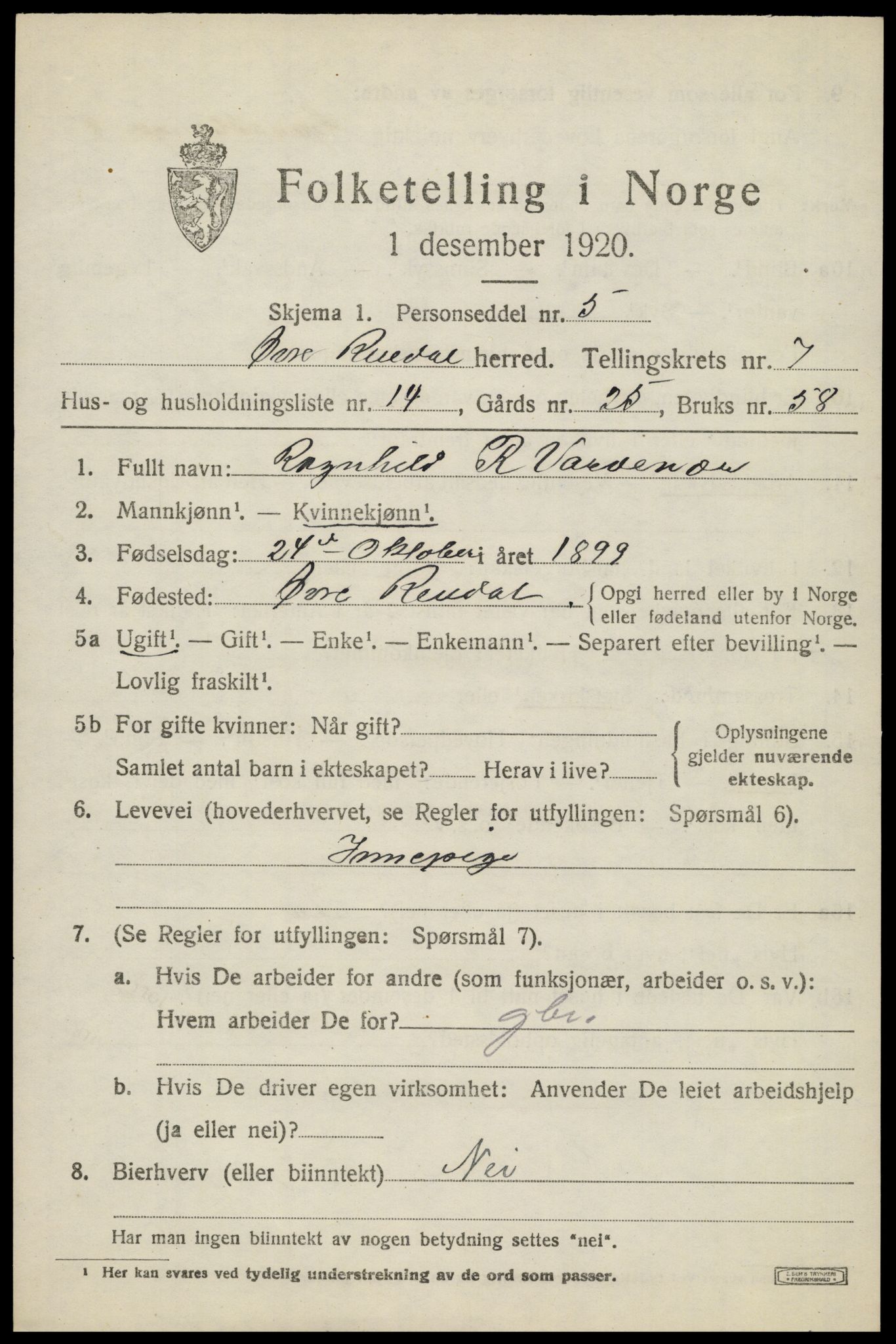 SAH, 1920 census for Øvre Rendal, 1920, p. 2565