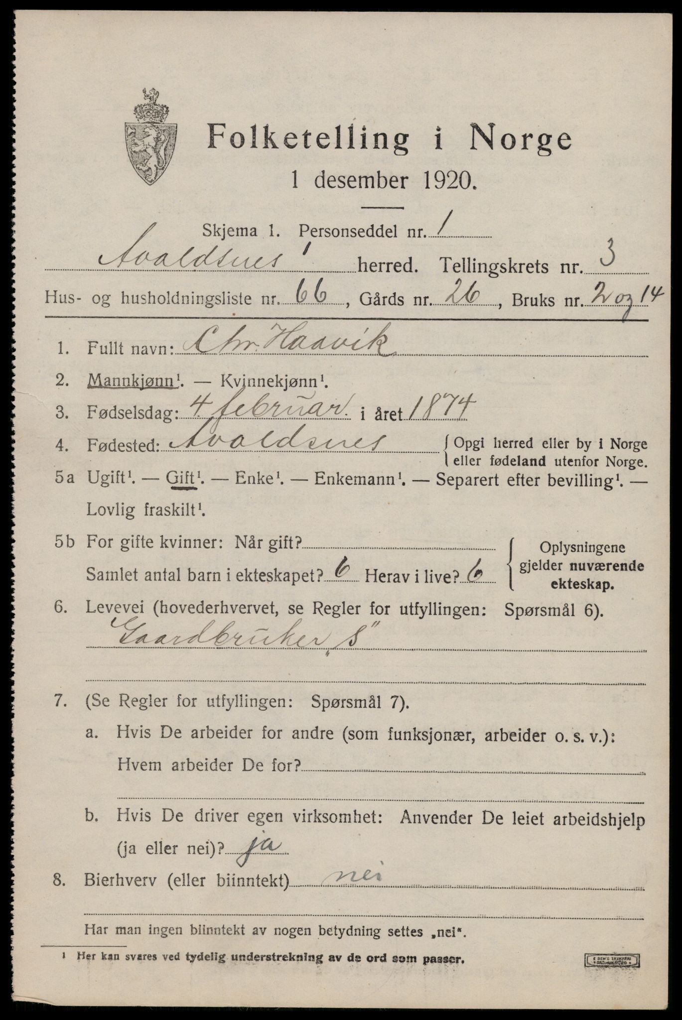 SAST, 1920 census for Avaldsnes, 1920, p. 3515