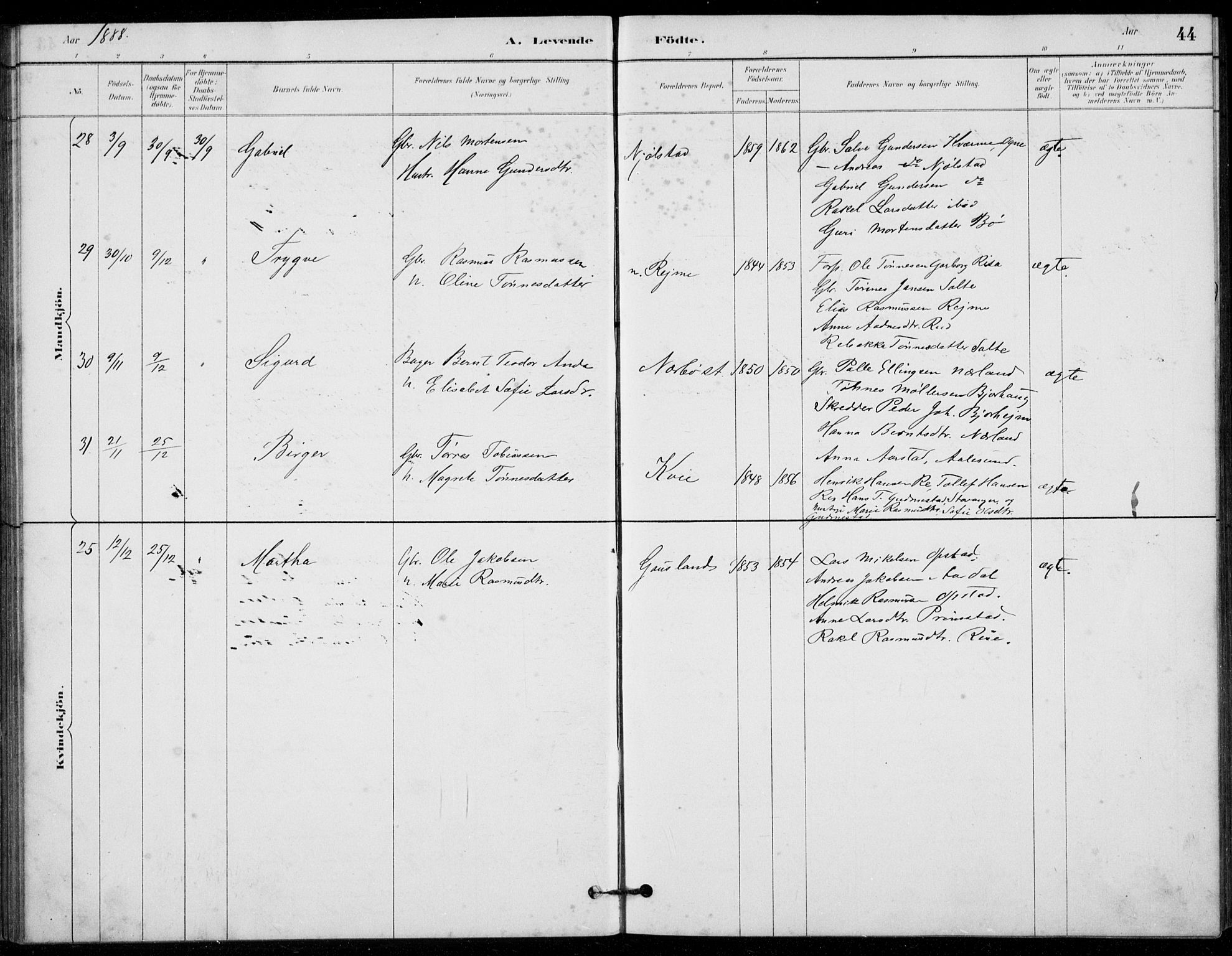 Hå sokneprestkontor, AV/SAST-A-101801/001/30BB/L0003: Parish register (copy) no. B 3, 1883-1894, p. 44