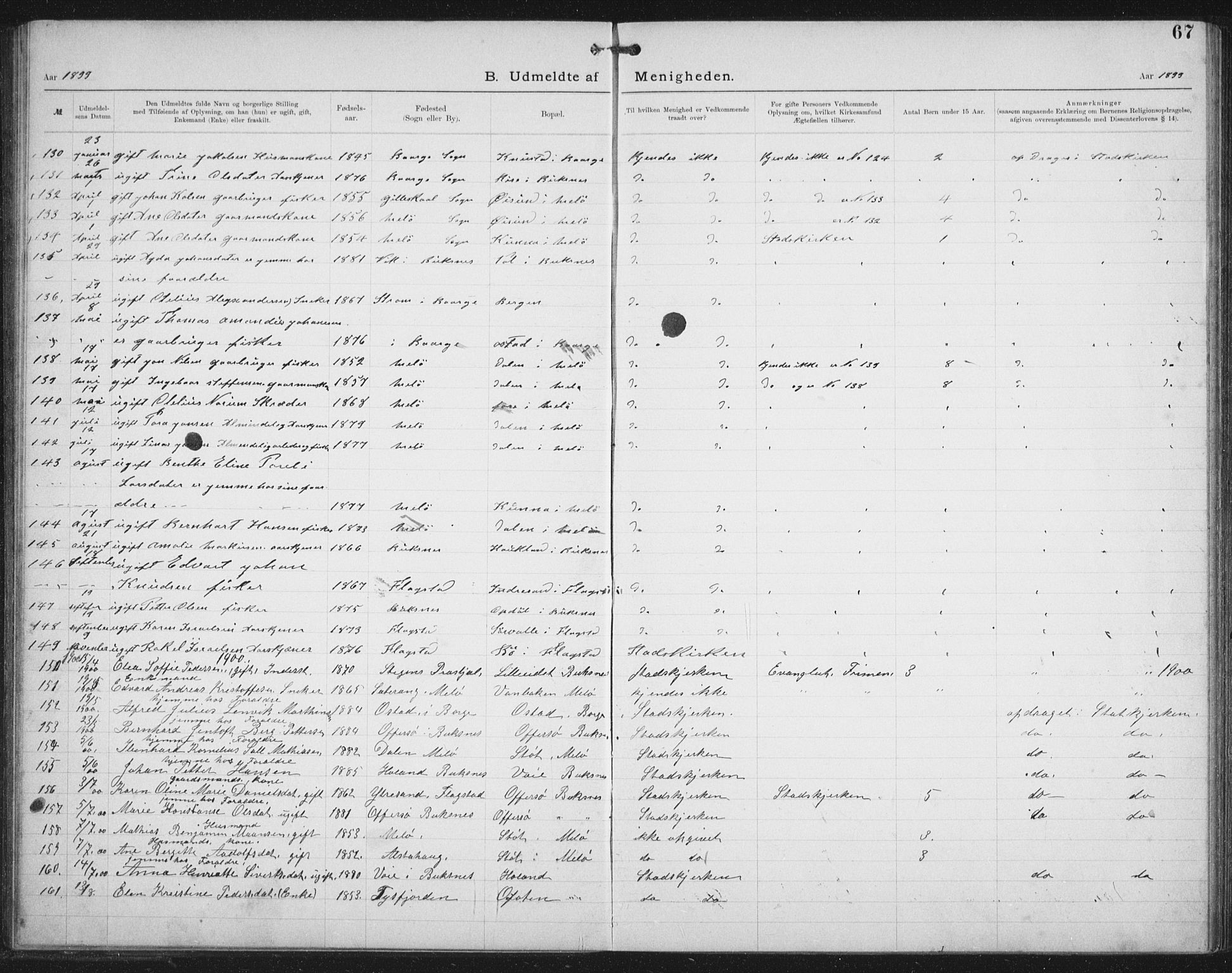 Ministerialprotokoller, klokkerbøker og fødselsregistre - Nordland, SAT/A-1459/881/L1174: Dissenter register no. 881D01, 1891-1933, p. 67