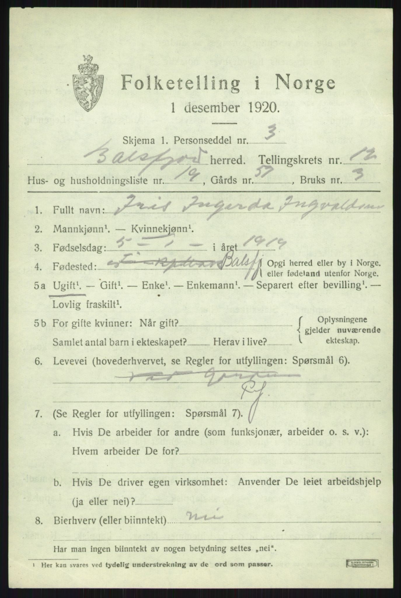 SATØ, 1920 census for Balsfjord, 1920, p. 7479
