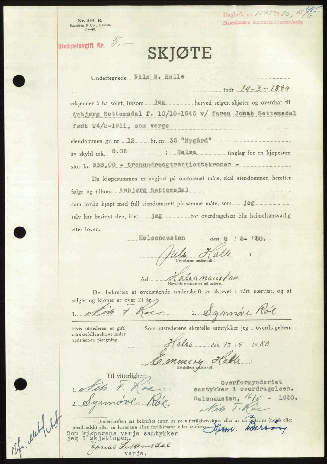 Nordmøre sorenskriveri, AV/SAT-A-4132/1/2/2Ca: Mortgage book no. A115, 1950-1950, Diary no: : 1895/1950