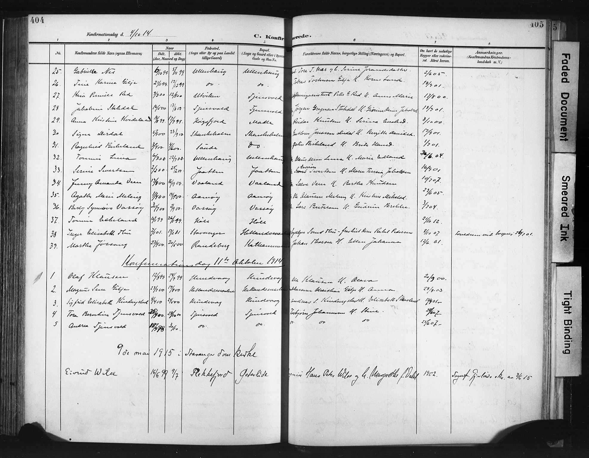 Hetland sokneprestkontor, SAST/A-101826/30/30BA/L0013: Parish register (official) no. A 13, 1904-1918, p. 404-405