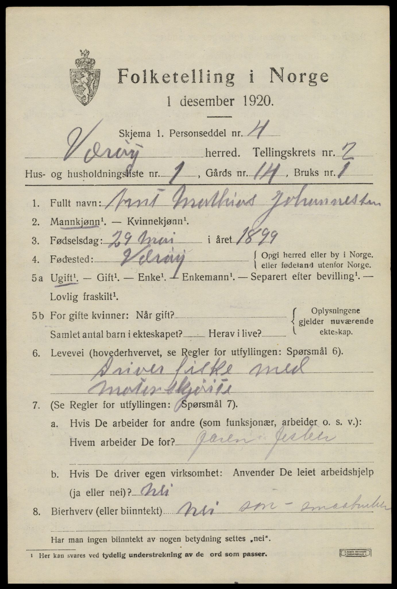 SAT, 1920 census for Værøy, 1920, p. 999