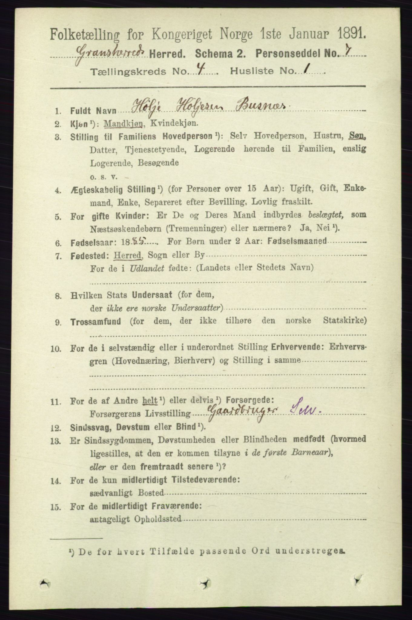 RA, 1891 census for 0824 Gransherad, 1891, p. 688