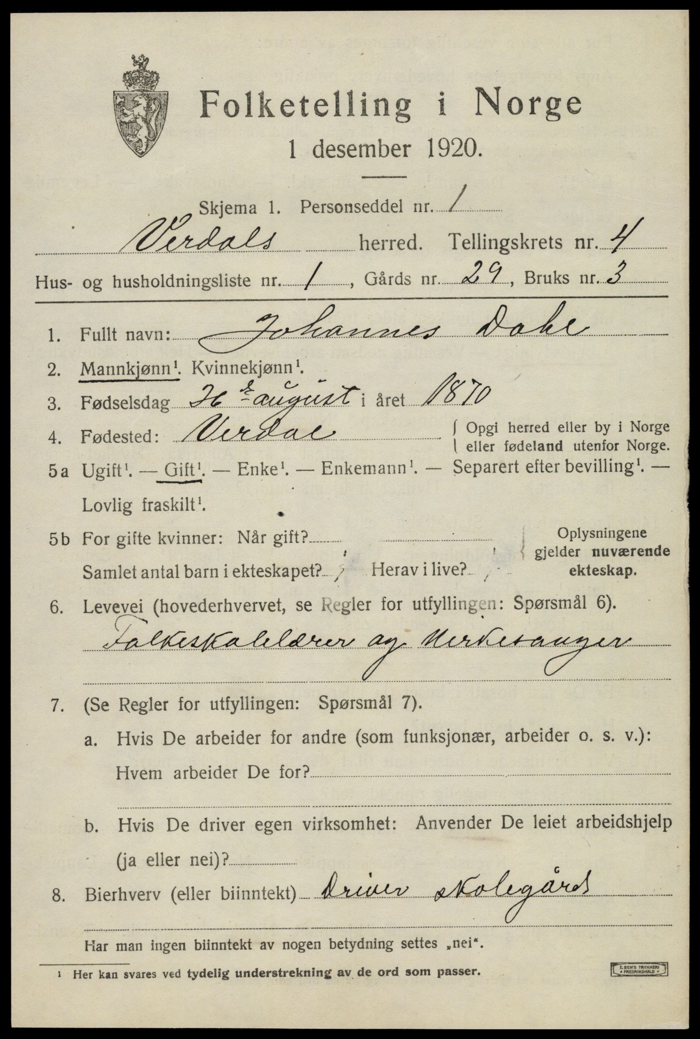 SAT, 1920 census for Verdal, 1920, p. 7583