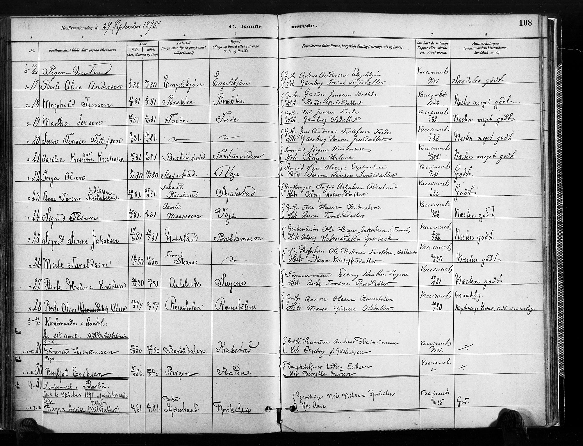 Austre Moland sokneprestkontor, SAK/1111-0001/F/Fa/Faa/L0010: Parish register (official) no. A 10, 1880-1904, p. 108
