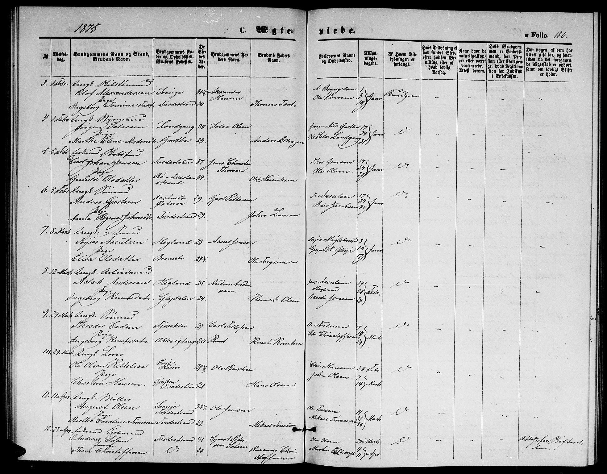 Holt sokneprestkontor, AV/SAK-1111-0021/F/Fb/L0009: Parish register (copy) no. B 9, 1871-1883, p. 180