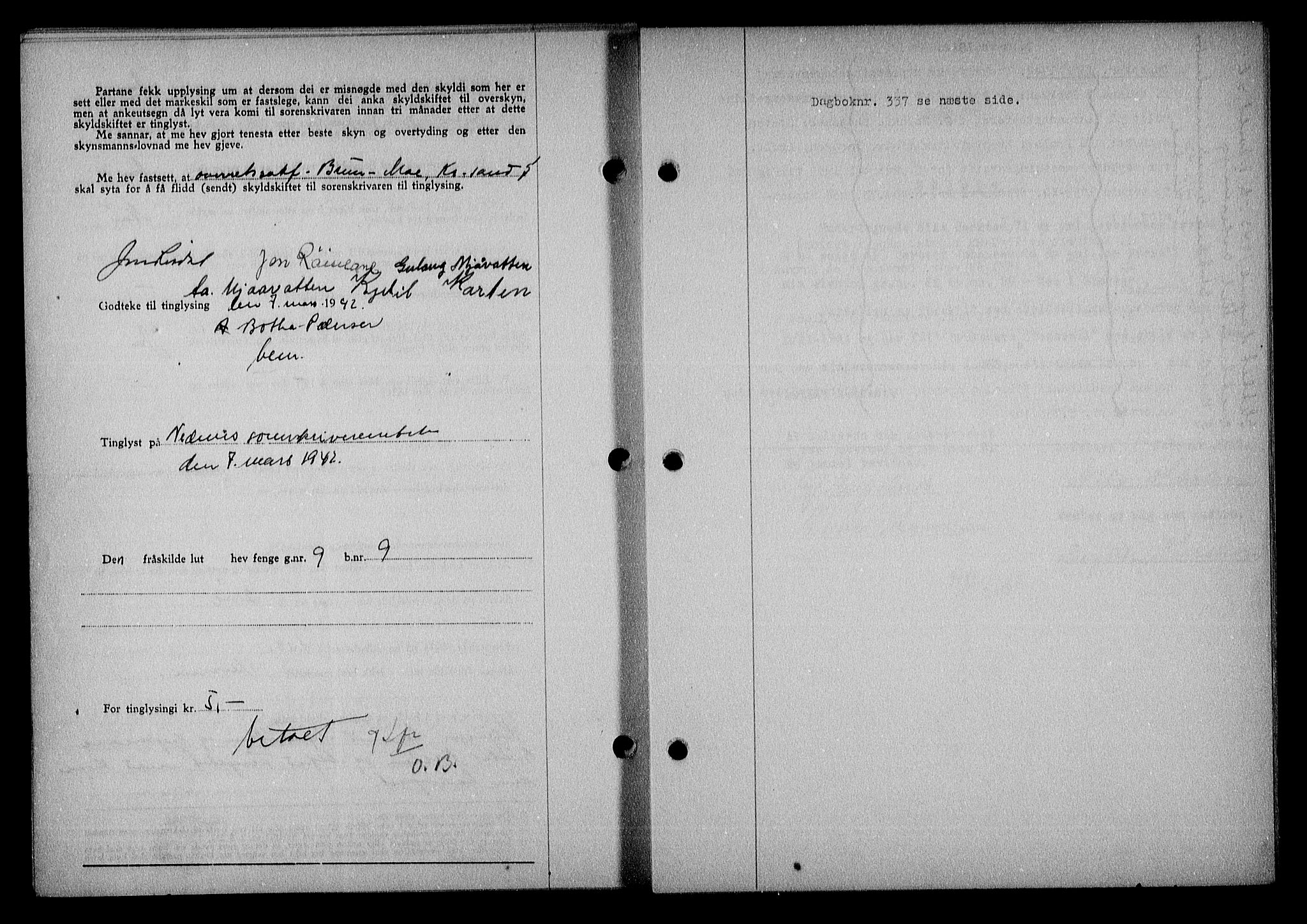 Nedenes sorenskriveri, SAK/1221-0006/G/Gb/Gba/L0049: Mortgage book no. A-III, 1941-1942, Diary no: : 336/1942