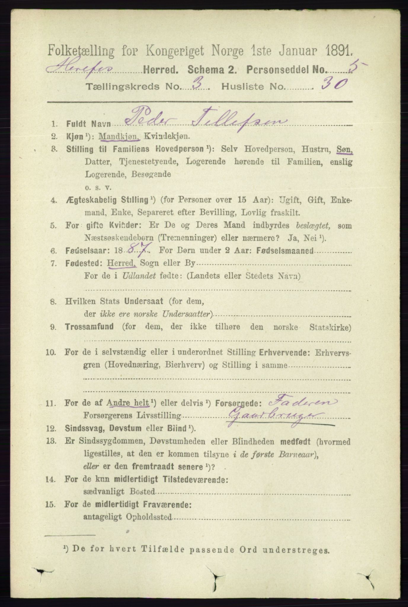 RA, 1891 census for 0933 Herefoss, 1891, p. 759