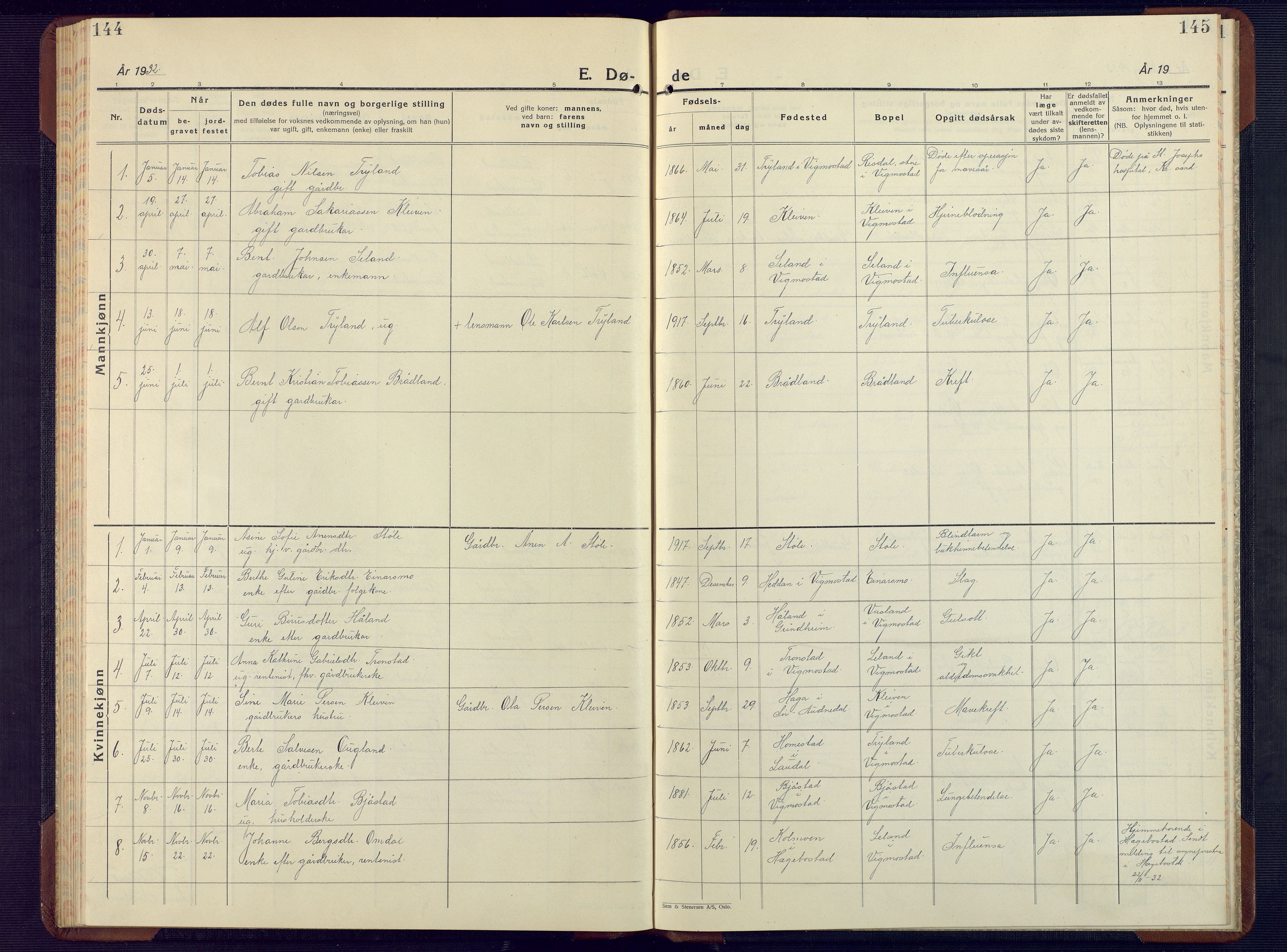 Nord-Audnedal sokneprestkontor, SAK/1111-0032/F/Fb/Fbb/L0006: Parish register (copy) no. B 6, 1930-1948, p. 144-145