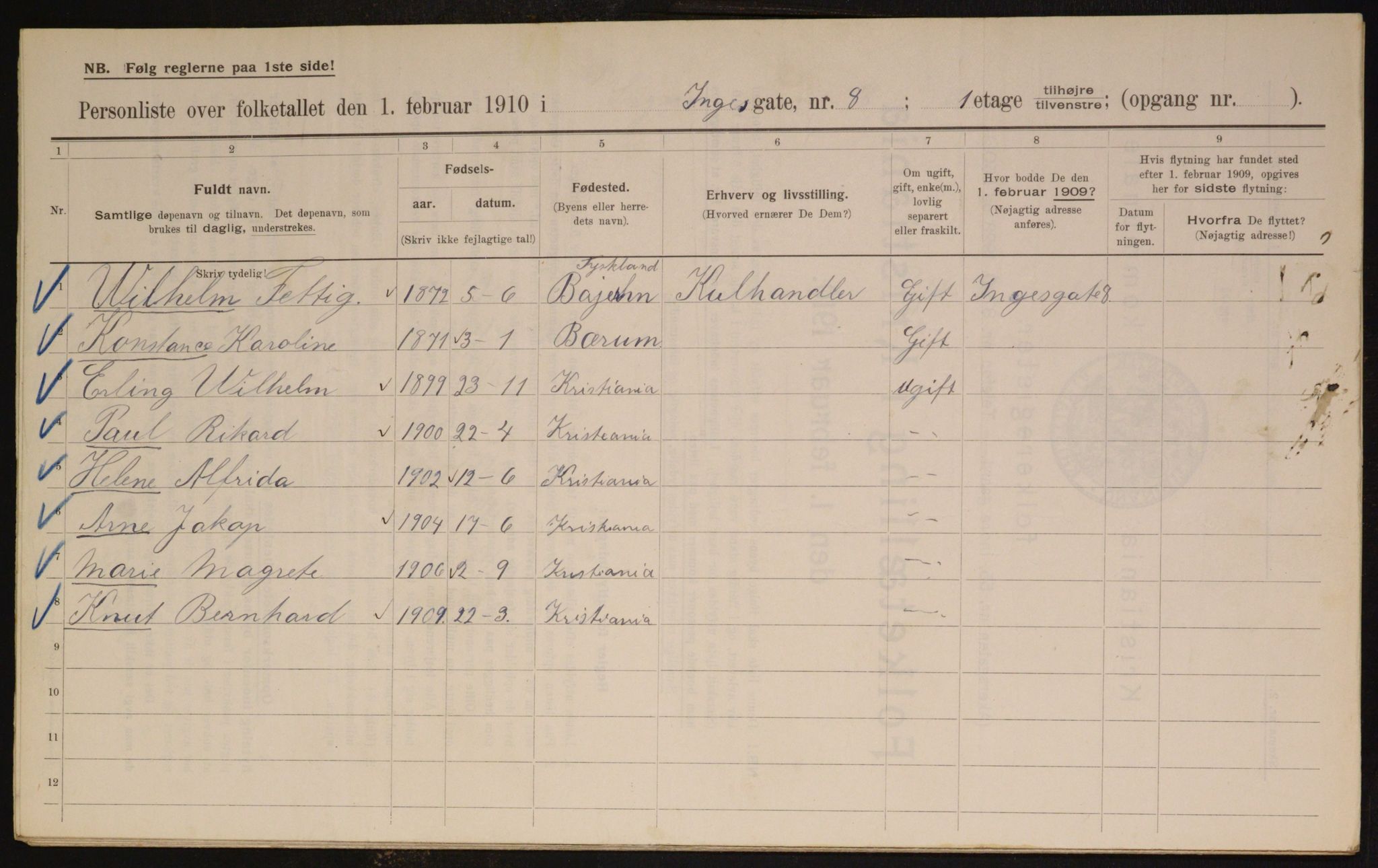 OBA, Municipal Census 1910 for Kristiania, 1910, p. 42964