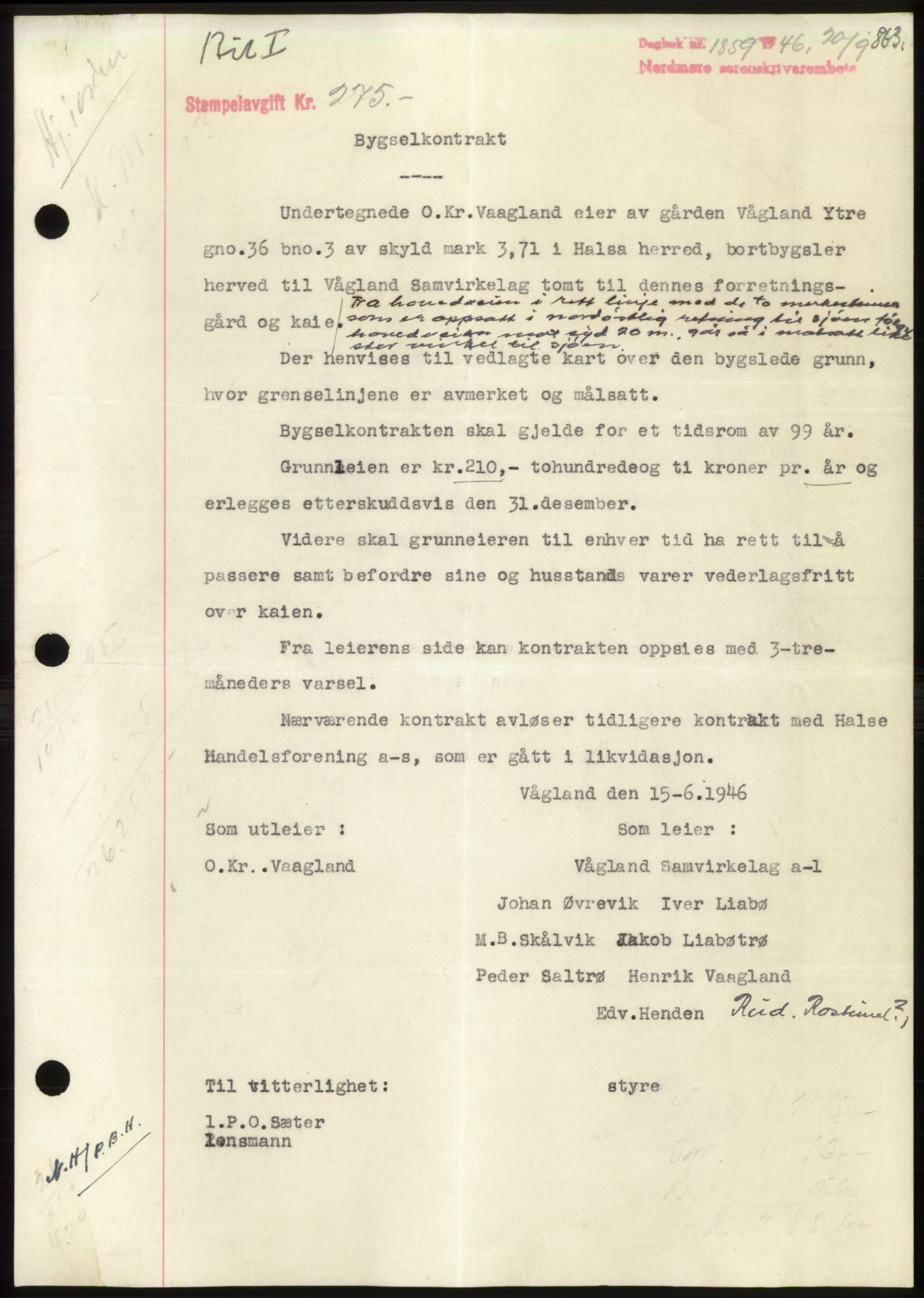 Nordmøre sorenskriveri, AV/SAT-A-4132/1/2/2Ca: Mortgage book no. B94, 1946-1946, Diary no: : 1859/1946