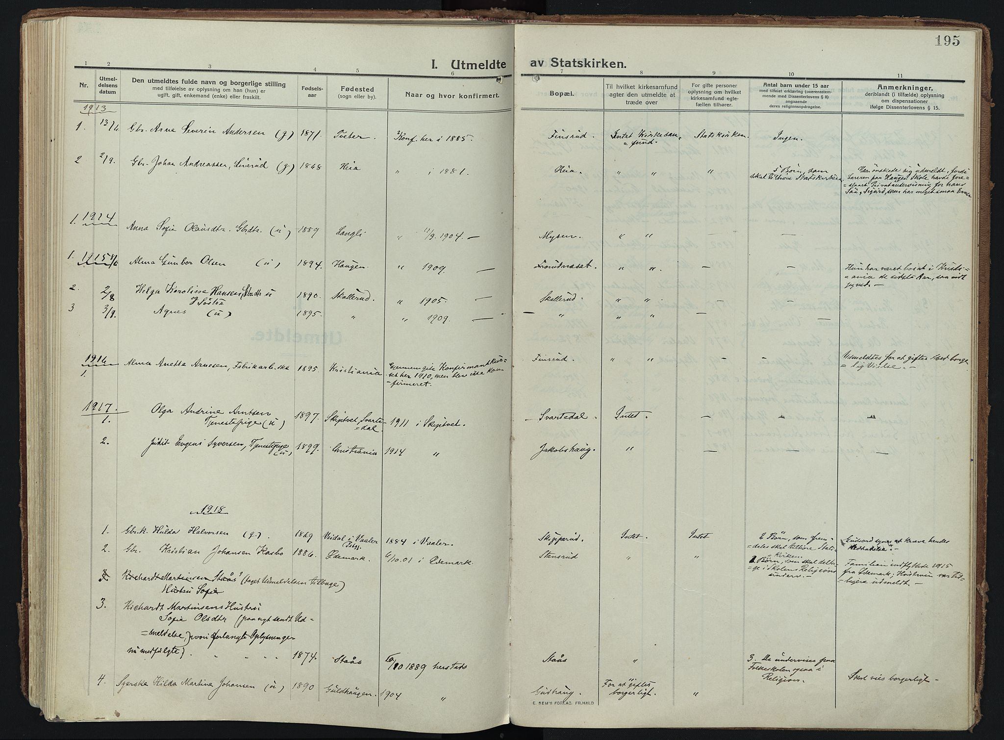 Skiptvet prestekontor Kirkebøker, SAO/A-20009/F/Fa/L0012: Parish register (official) no. 12, 1913-1924, p. 195