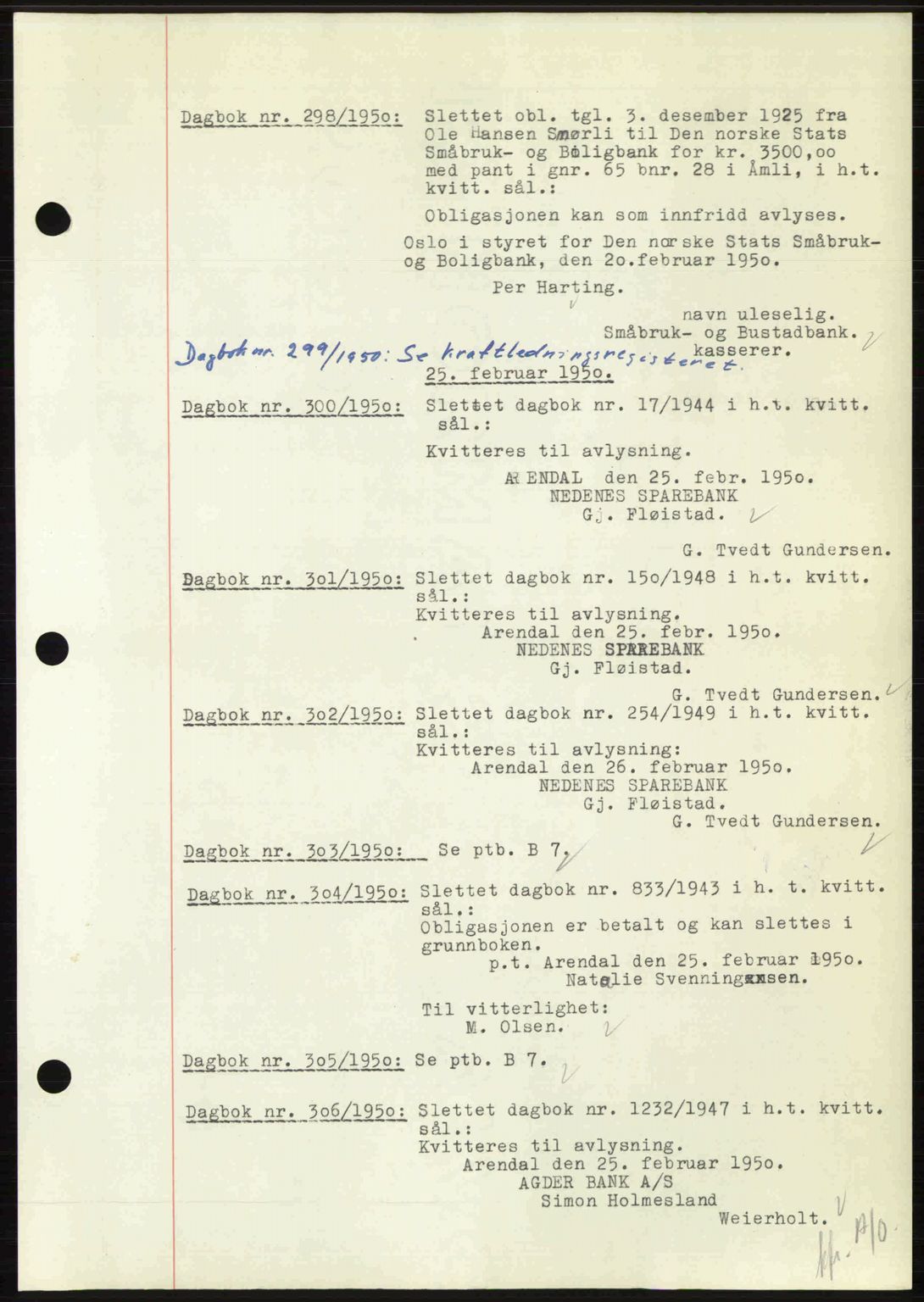 Nedenes sorenskriveri, SAK/1221-0006/G/Gb/Gba/L0062: Mortgage book no. A14, 1949-1950, Diary no: : 298/1950