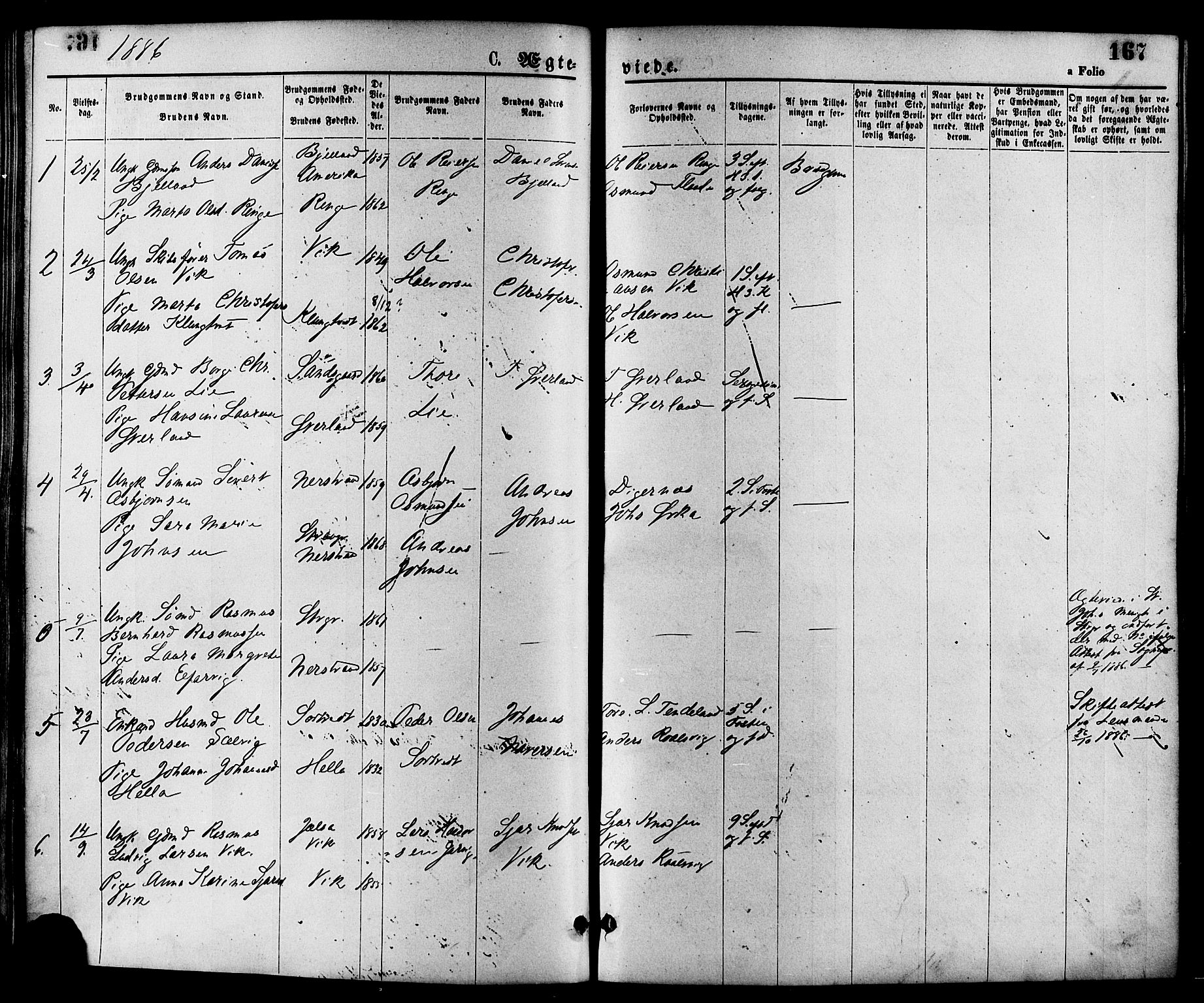 Nedstrand sokneprestkontor, SAST/A-101841/01/IV: Parish register (official) no. A 11, 1877-1887, p. 167
