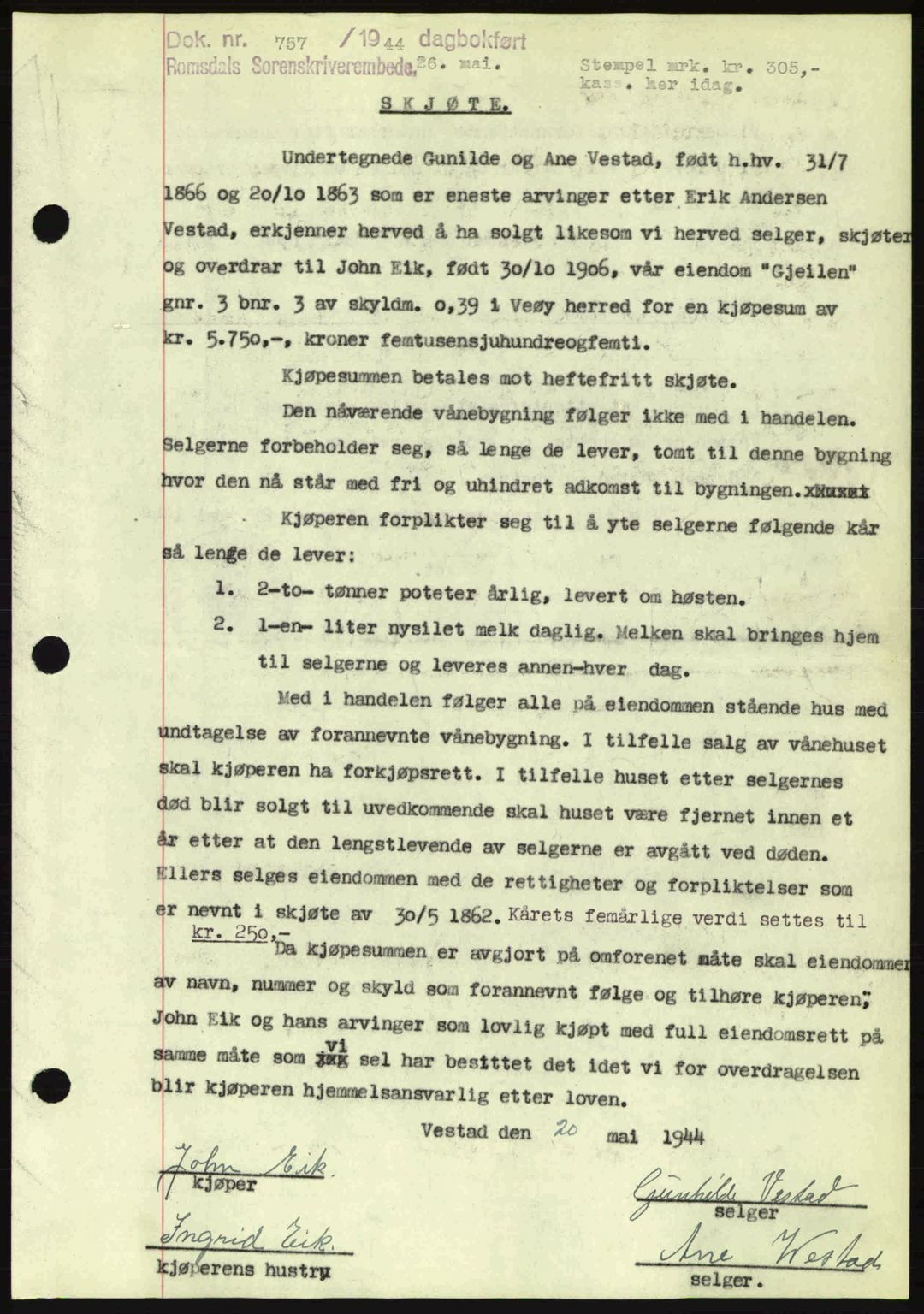 Romsdal sorenskriveri, SAT/A-4149/1/2/2C: Mortgage book no. A16, 1944-1944, Diary no: : 757/1944