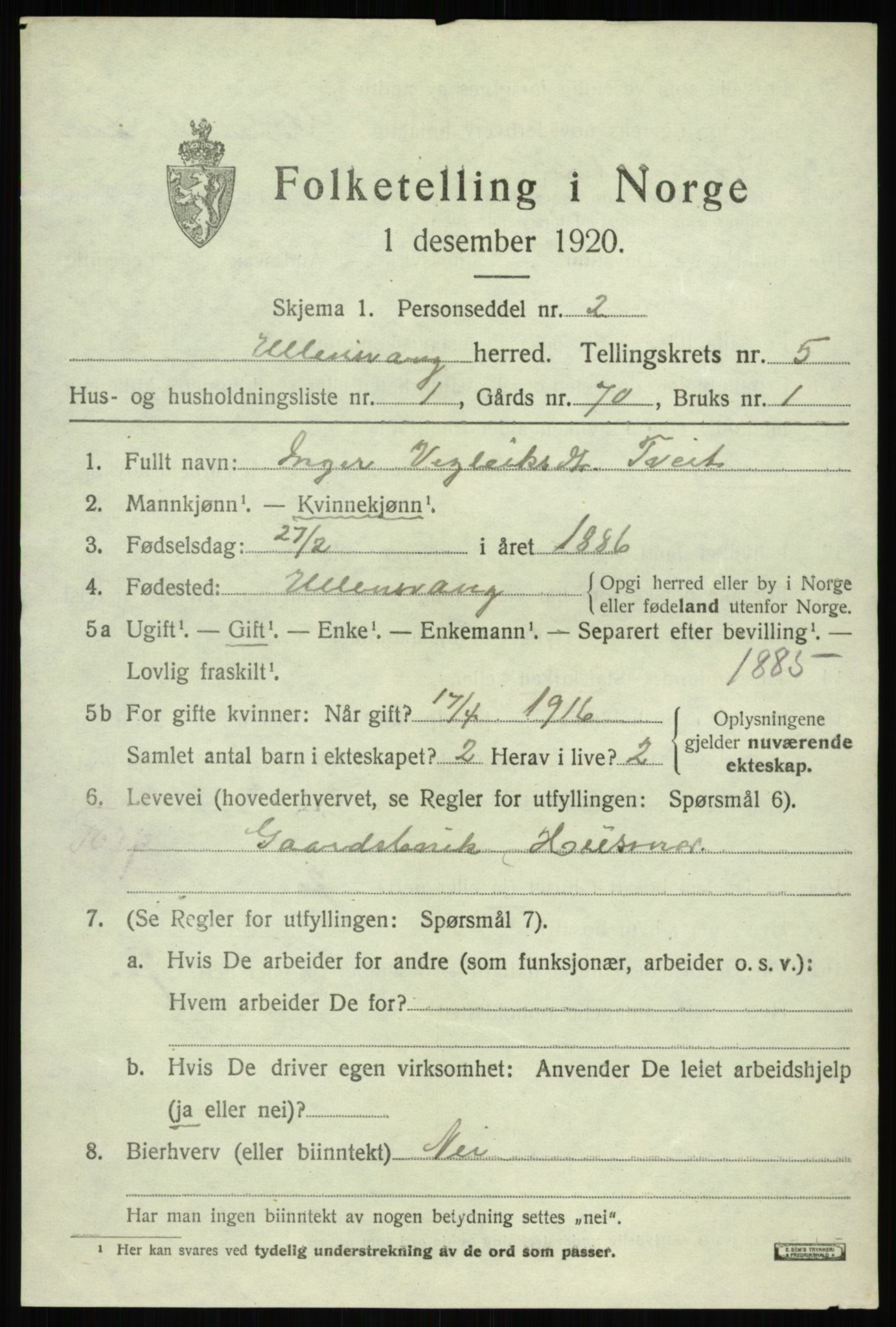 SAB, 1920 census for Ullensvang, 1920, p. 2370