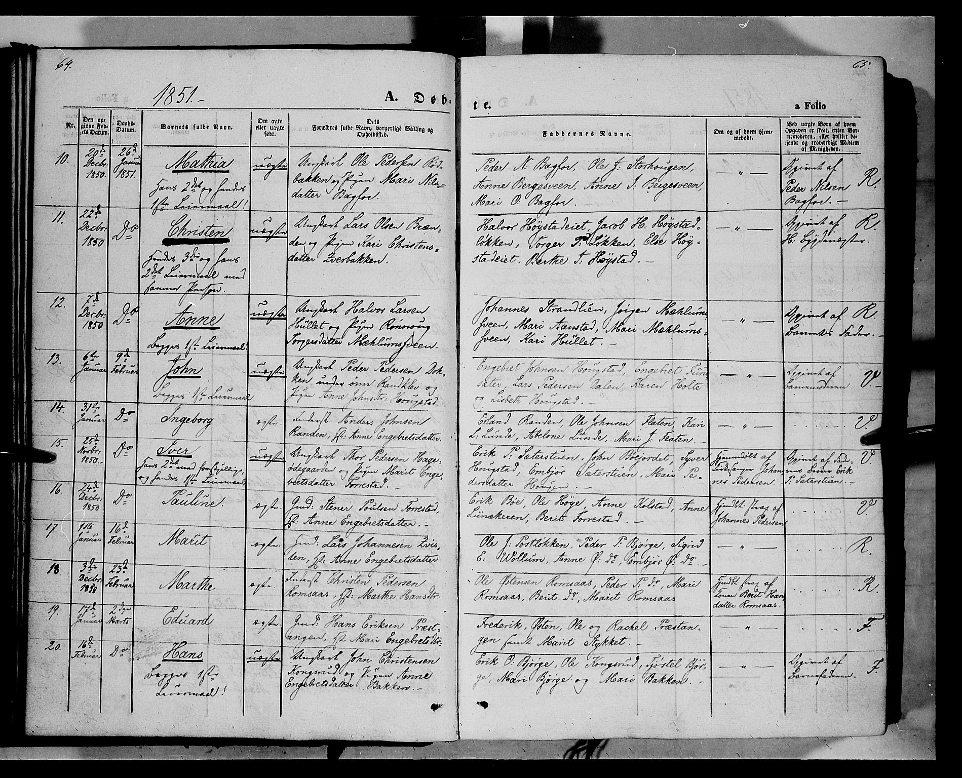 Ringebu prestekontor, SAH/PREST-082/H/Ha/Haa/L0006: Parish register (official) no. 6, 1848-1859, p. 64-65