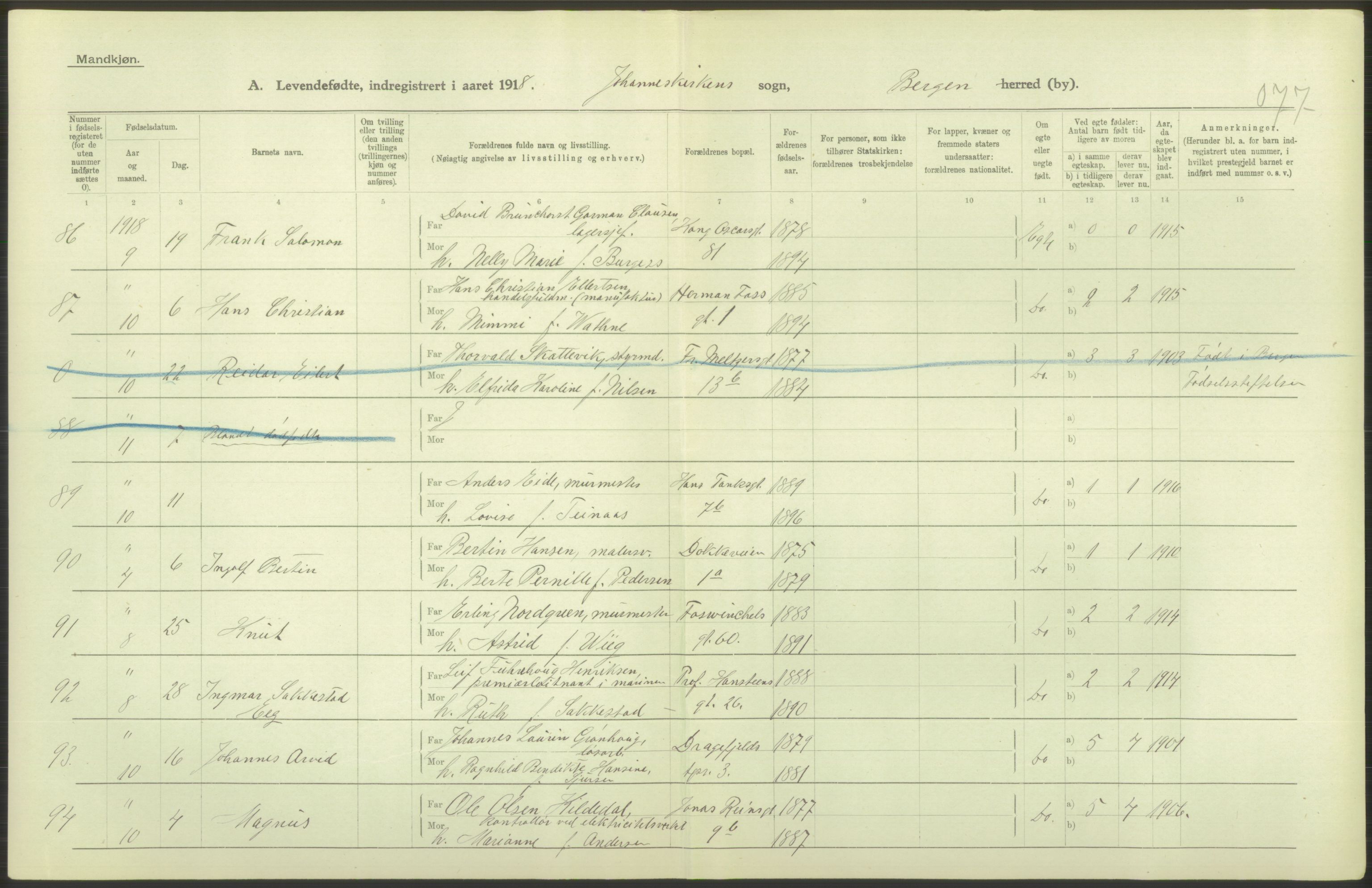 Statistisk sentralbyrå, Sosiodemografiske emner, Befolkning, AV/RA-S-2228/D/Df/Dfb/Dfbh/L0037: Bergen: Levendefødte menn og kvinner., 1918, p. 474