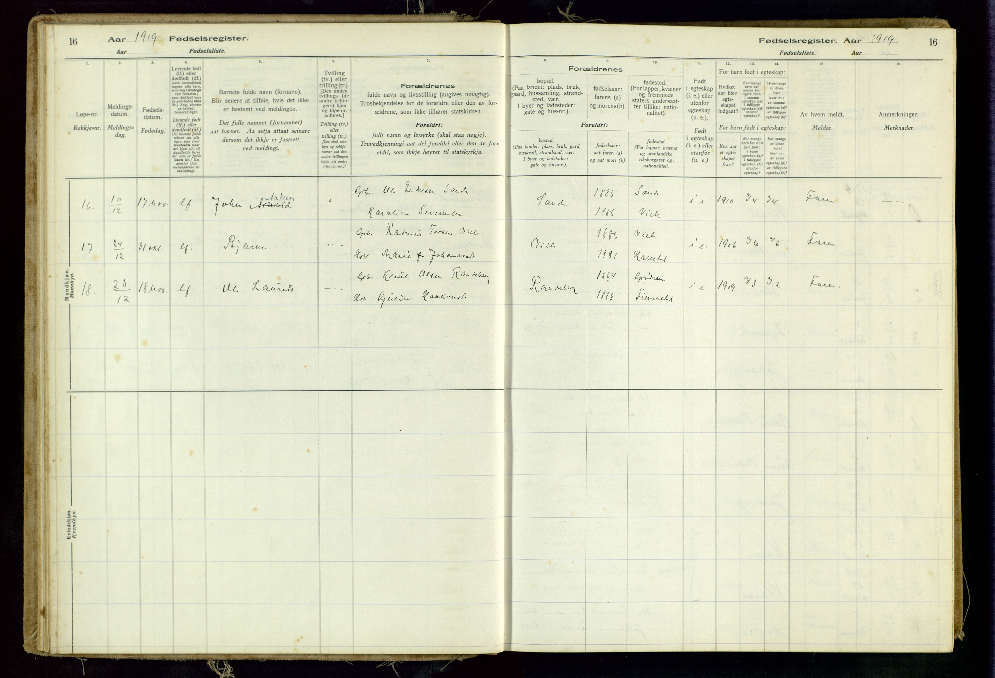 Hetland sokneprestkontor, AV/SAST-A-101826/70/704BA/L0001: Birth register no. 1, 1916-1954, p. 16