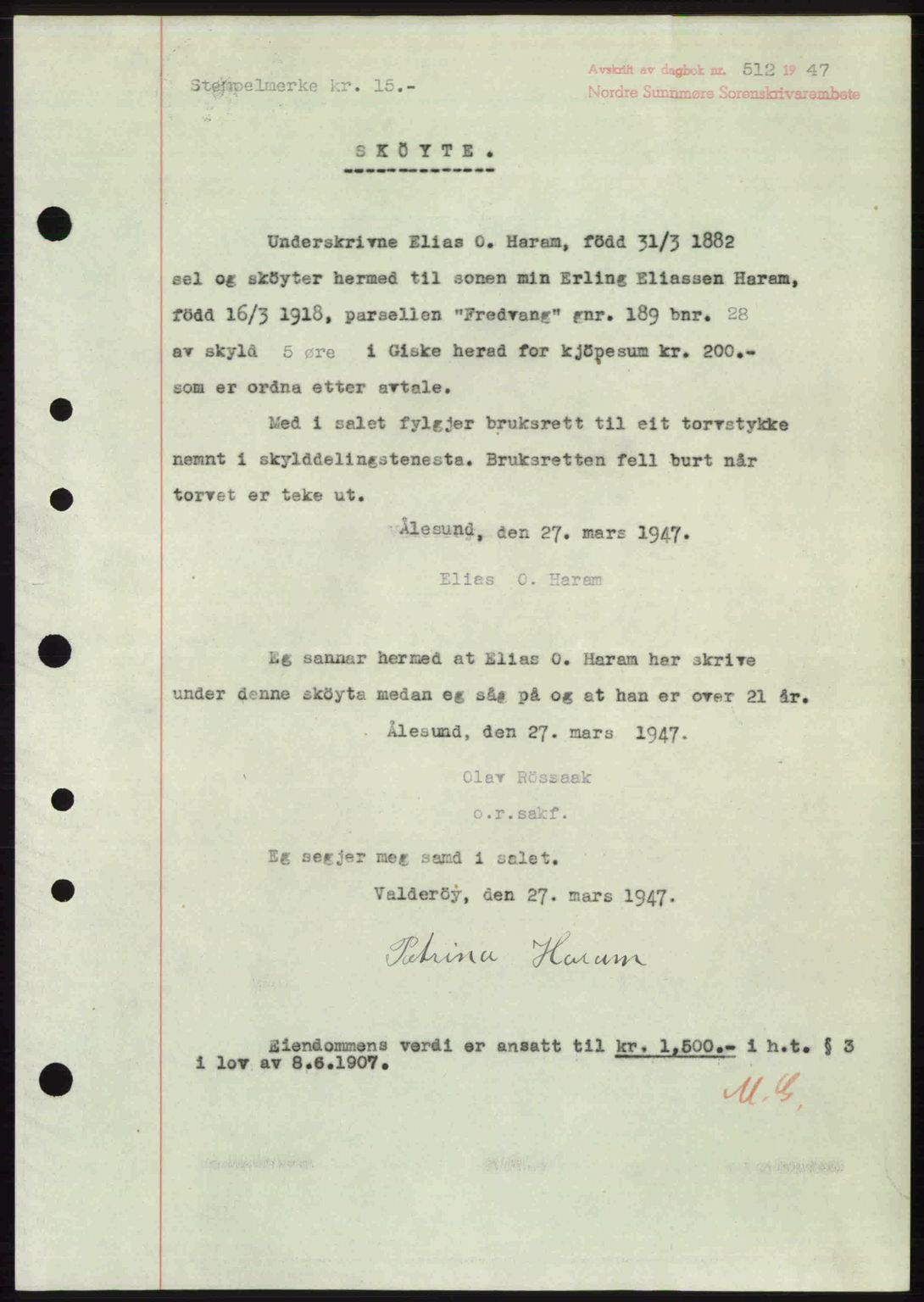 Nordre Sunnmøre sorenskriveri, AV/SAT-A-0006/1/2/2C/2Ca: Mortgage book no. A24, 1947-1947, Diary no: : 512/1947