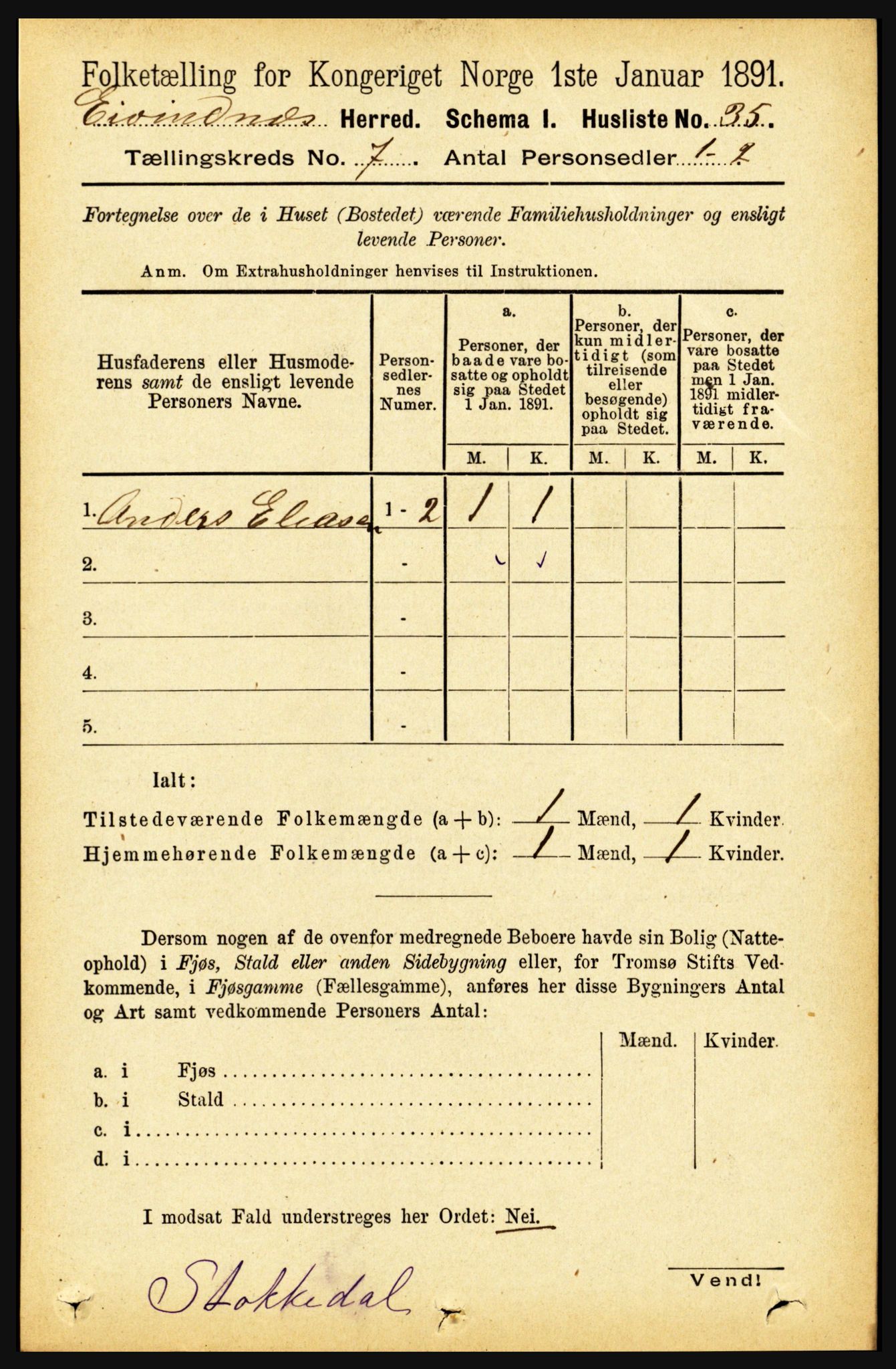 RA, 1891 census for 1853 Evenes, 1891, p. 2156