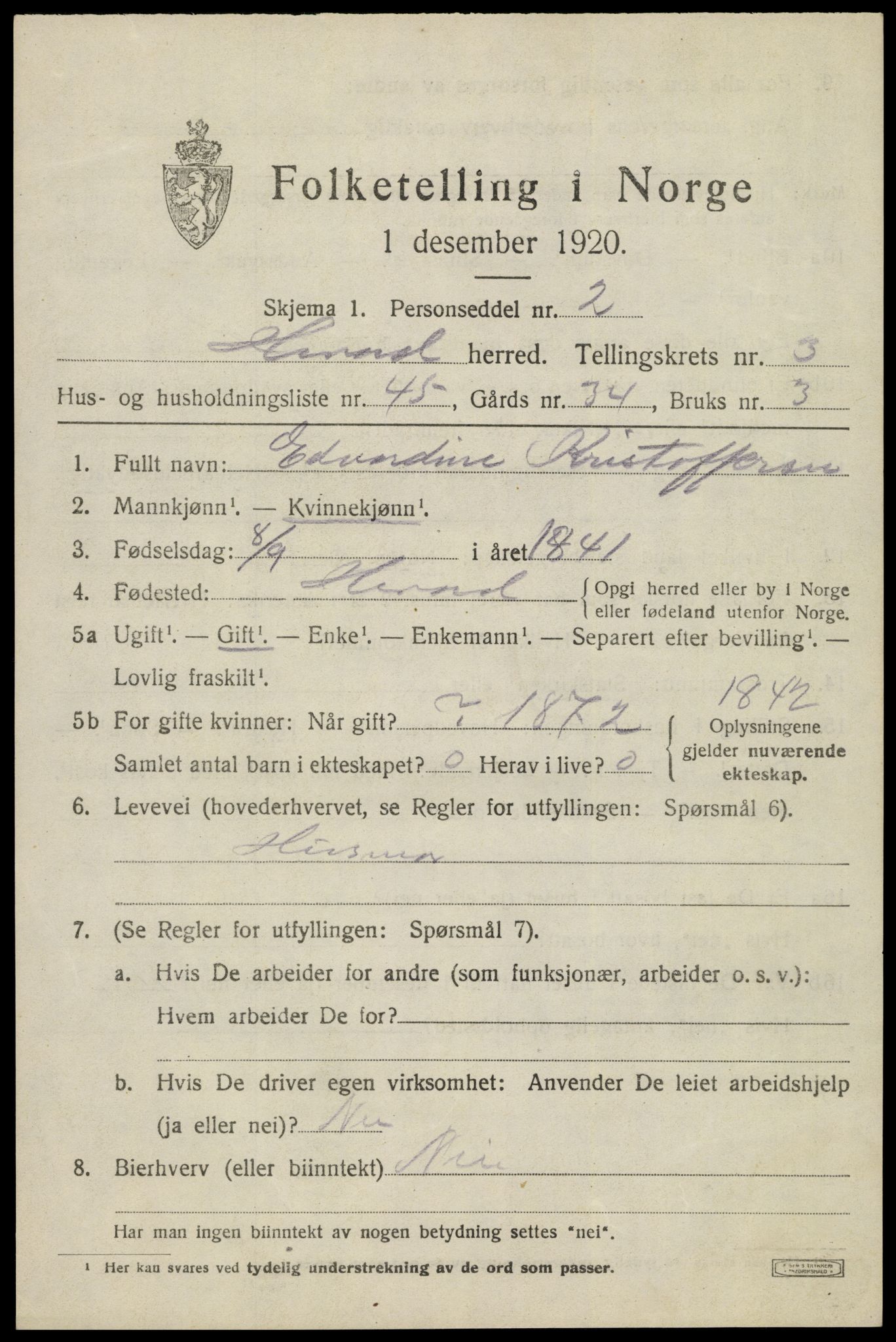 SAK, 1920 census for Herad, 1920, p. 1672