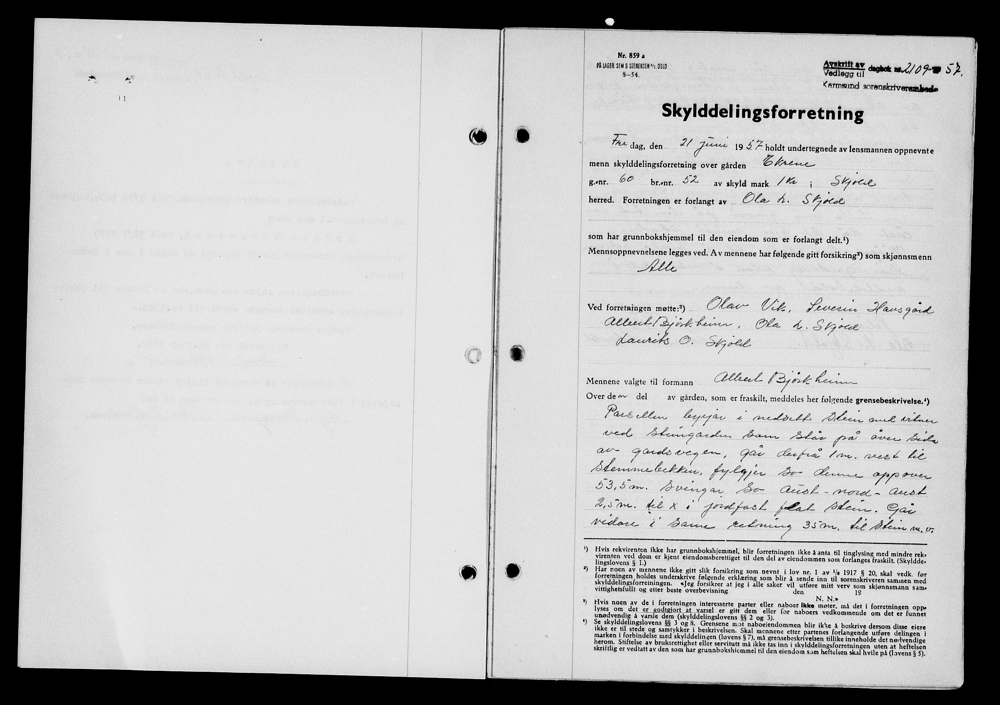 Karmsund sorenskriveri, AV/SAST-A-100311/01/II/IIB/L0125: Mortgage book no. 105A, 1957-1957, Diary no: : 2109/1957