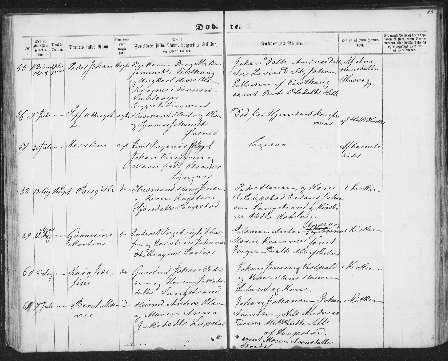 Ministerialprotokoller, klokkerbøker og fødselsregistre - Nordland, AV/SAT-A-1459/874/L1073: Parish register (copy) no. 874C02, 1860-1870, p. 93