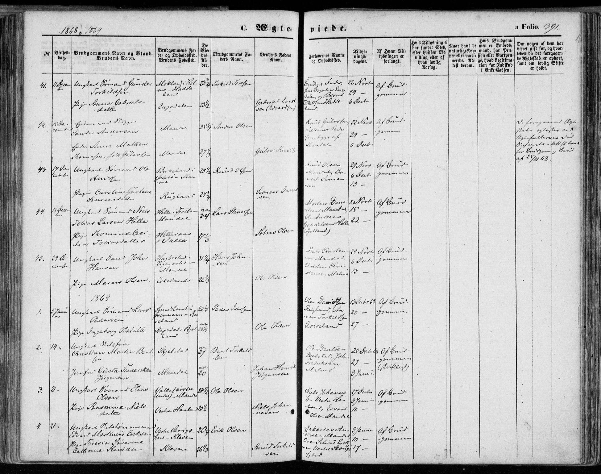 Mandal sokneprestkontor, SAK/1111-0030/F/Fa/Faa/L0014: Parish register (official) no. A 14, 1859-1872, p. 391