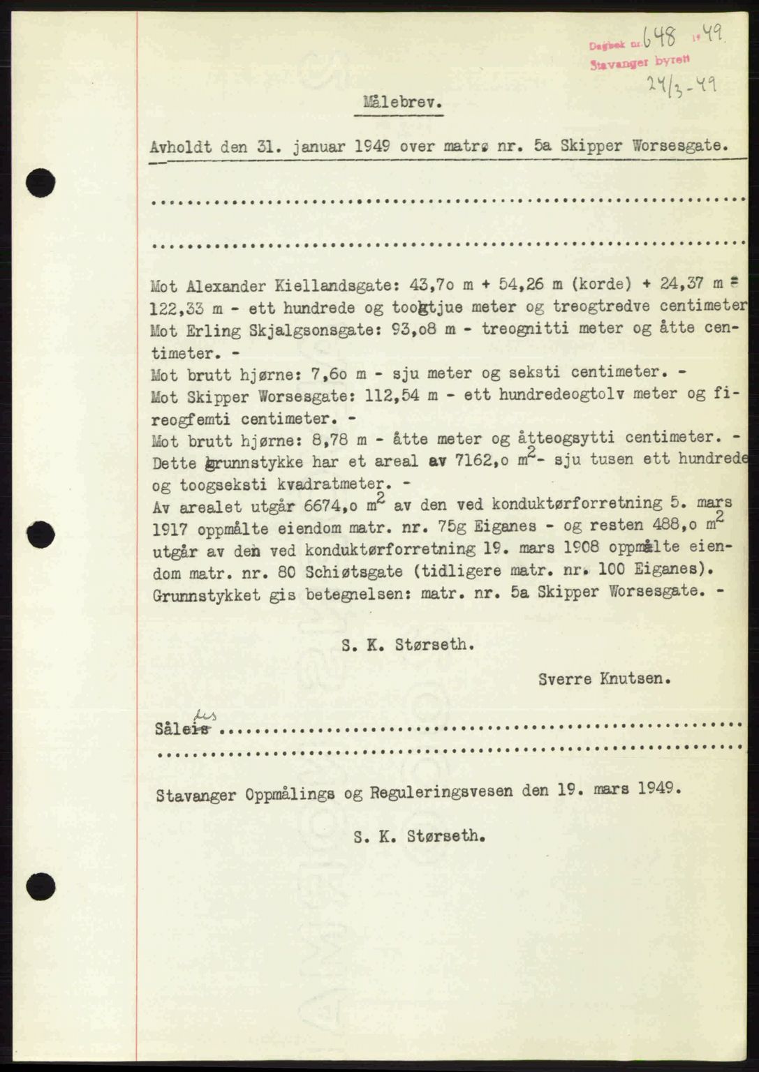 Stavanger byrett, SAST/A-100455/002/G/Gb/L0023: Mortgage book no. A12, 1948-1949, Diary no: : 648/1949