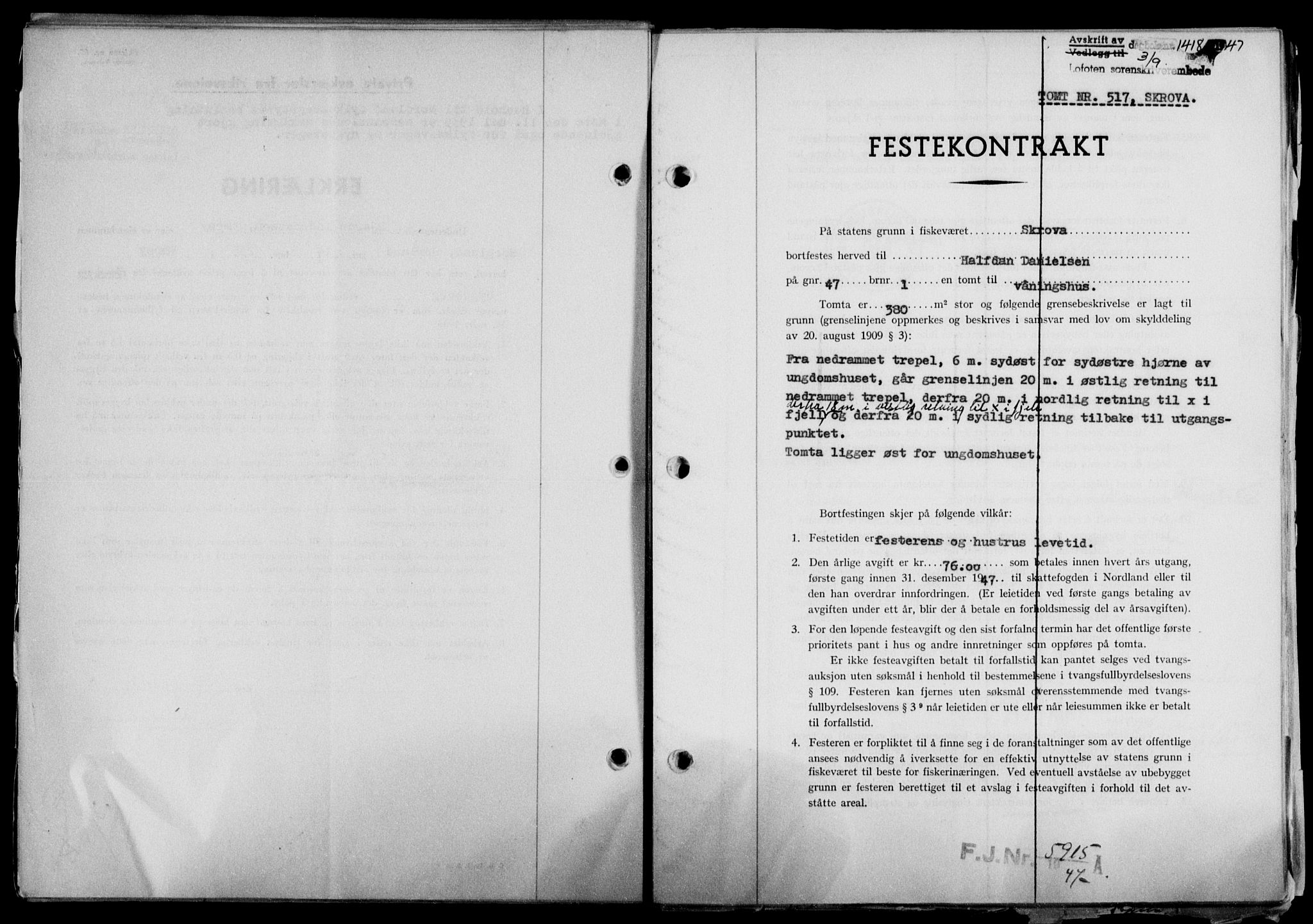 Lofoten sorenskriveri, SAT/A-0017/1/2/2C/L0016a: Mortgage book no. 16a, 1947-1947, Diary no: : 1418/1947