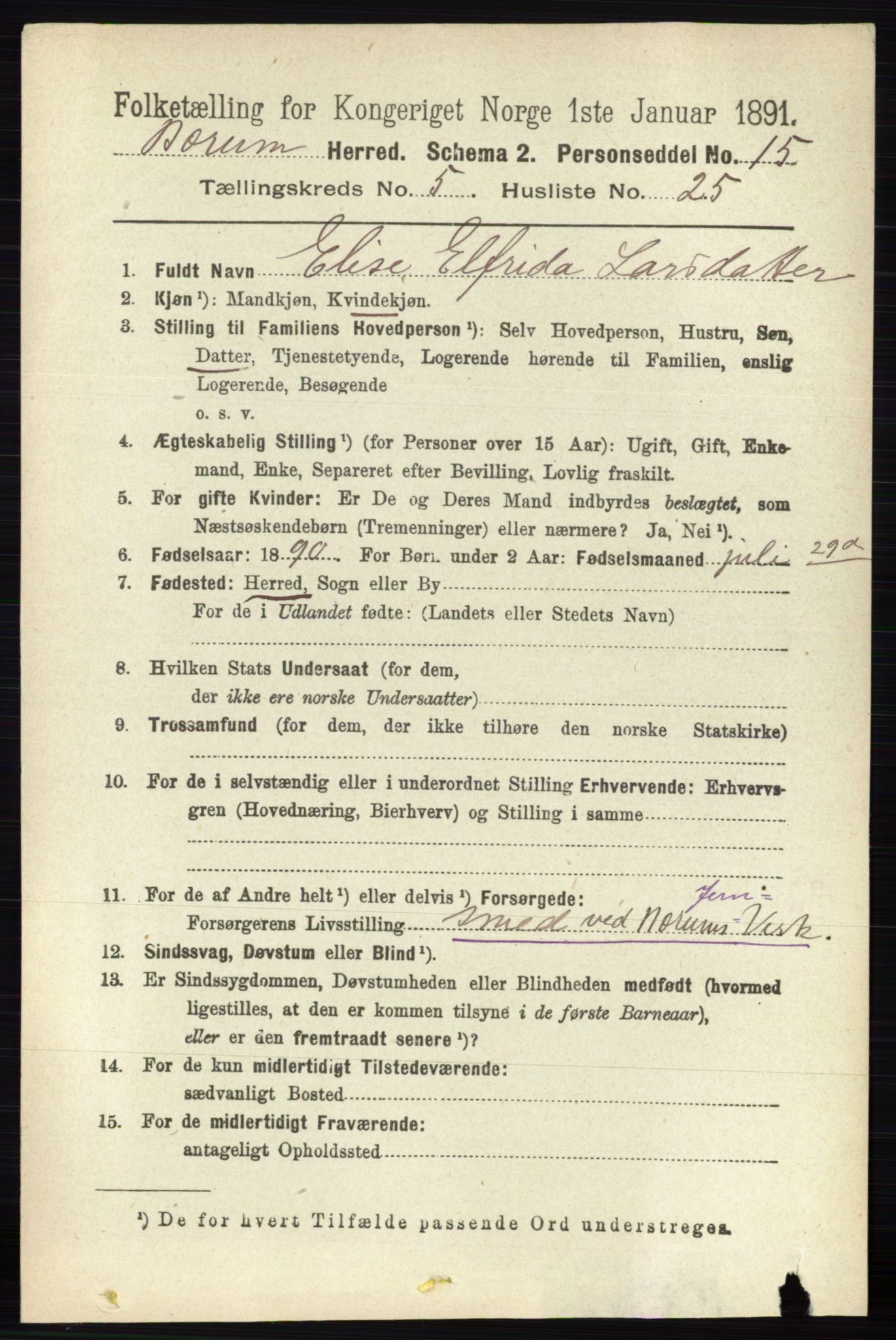 RA, 1891 census for 0219 Bærum, 1891, p. 3154