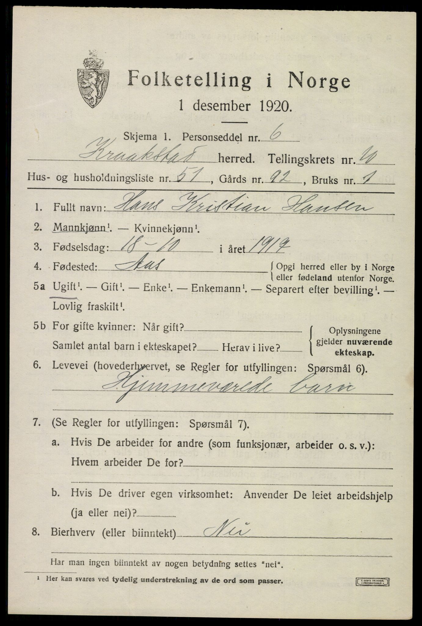 SAO, 1920 census for Kråkstad, 1920, p. 11217