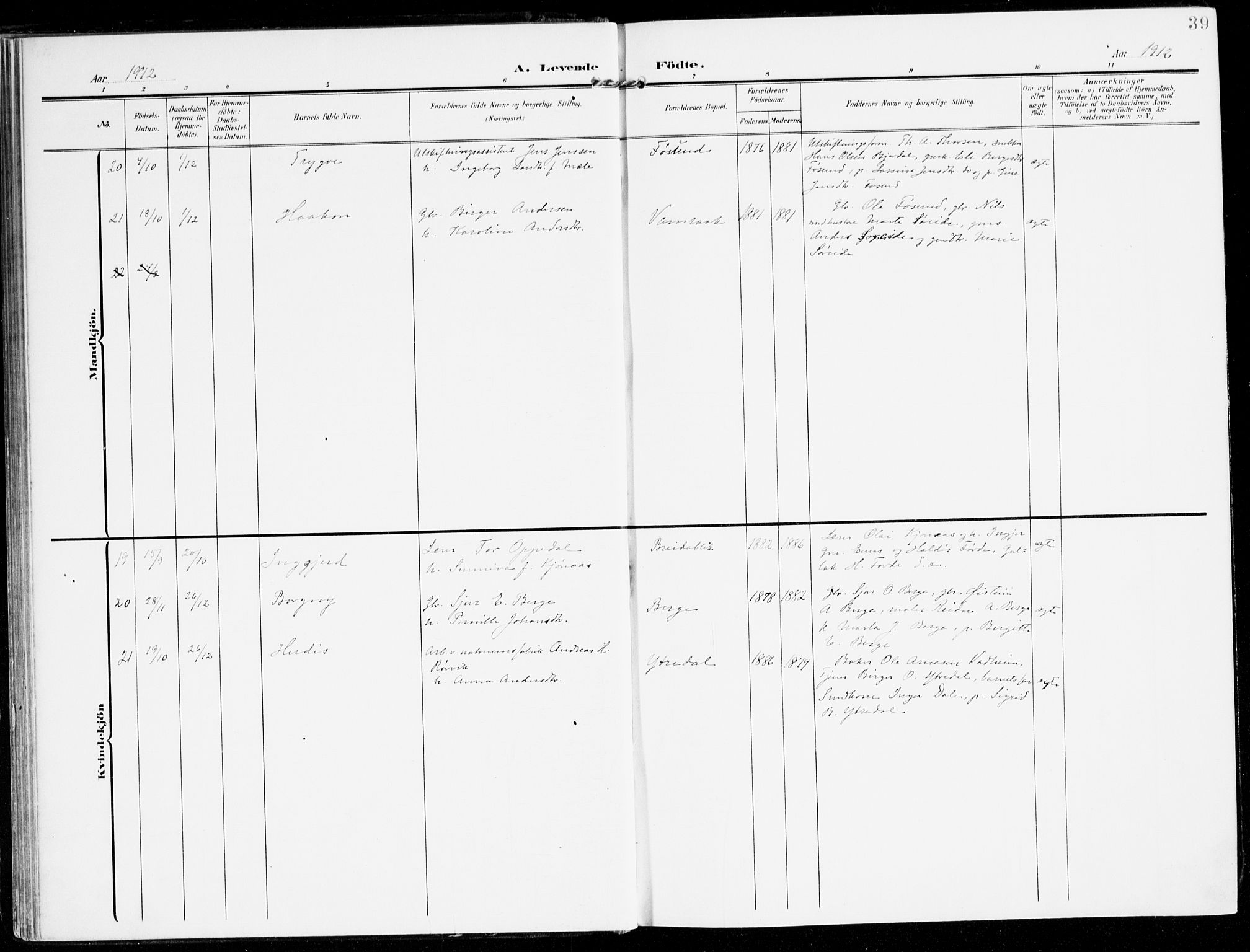 Lavik sokneprestembete, AV/SAB-A-80901: Parish register (official) no. C 2, 1904-1921, p. 39