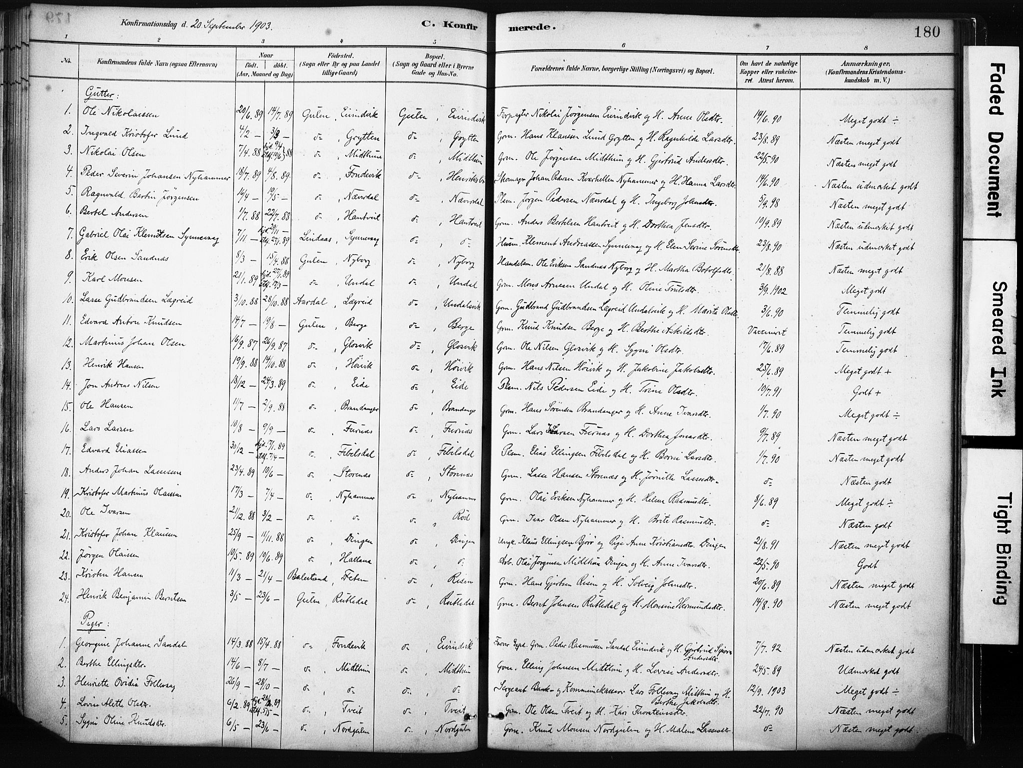 Gulen sokneprestembete, AV/SAB-A-80201/H/Haa/Haab/L0001: Parish register (official) no. B 1, 1881-1905, p. 180