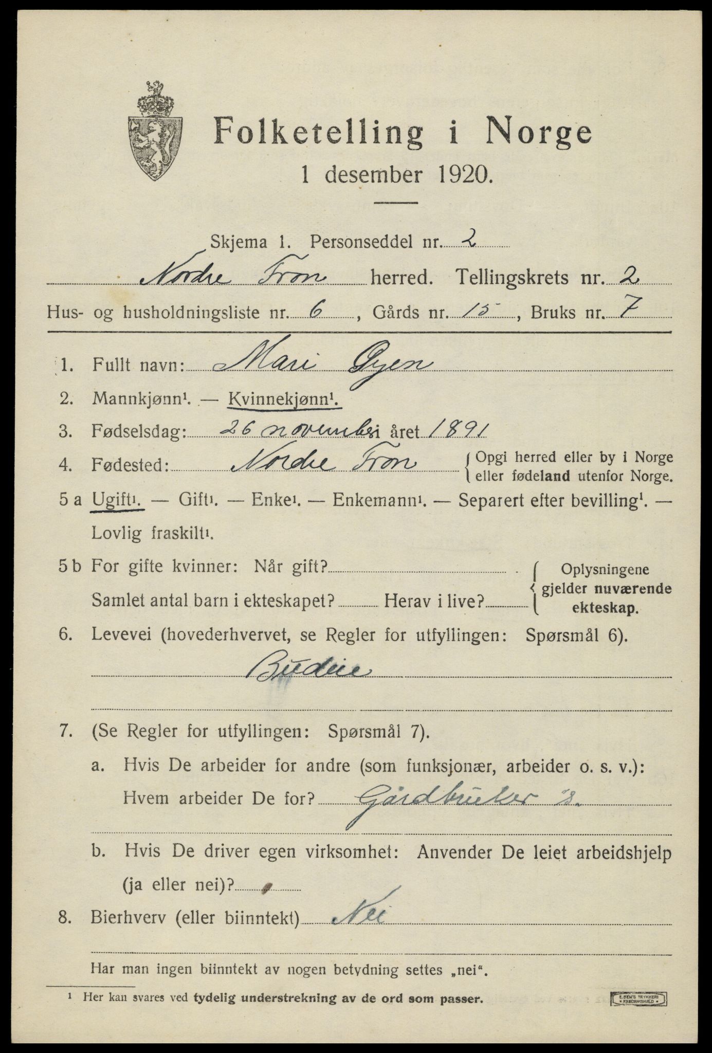 SAH, 1920 census for Nord-Fron, 1920, p. 2714