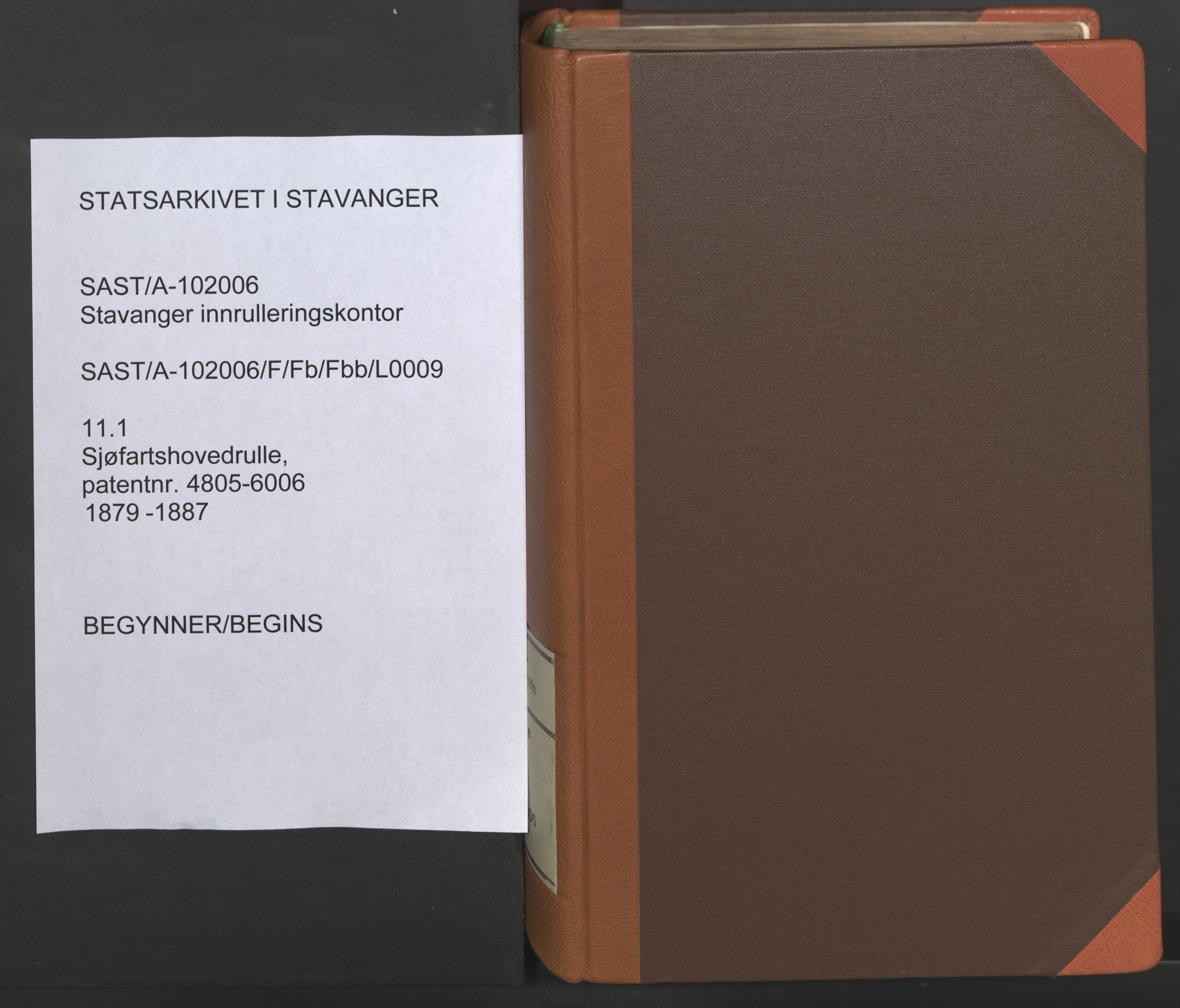 Stavanger sjømannskontor, SAST/A-102006/F/Fb/Fbb/L0009: Sjøfartshovedrulle, patentnr. 4805-6006, 1879-1887, p. 1
