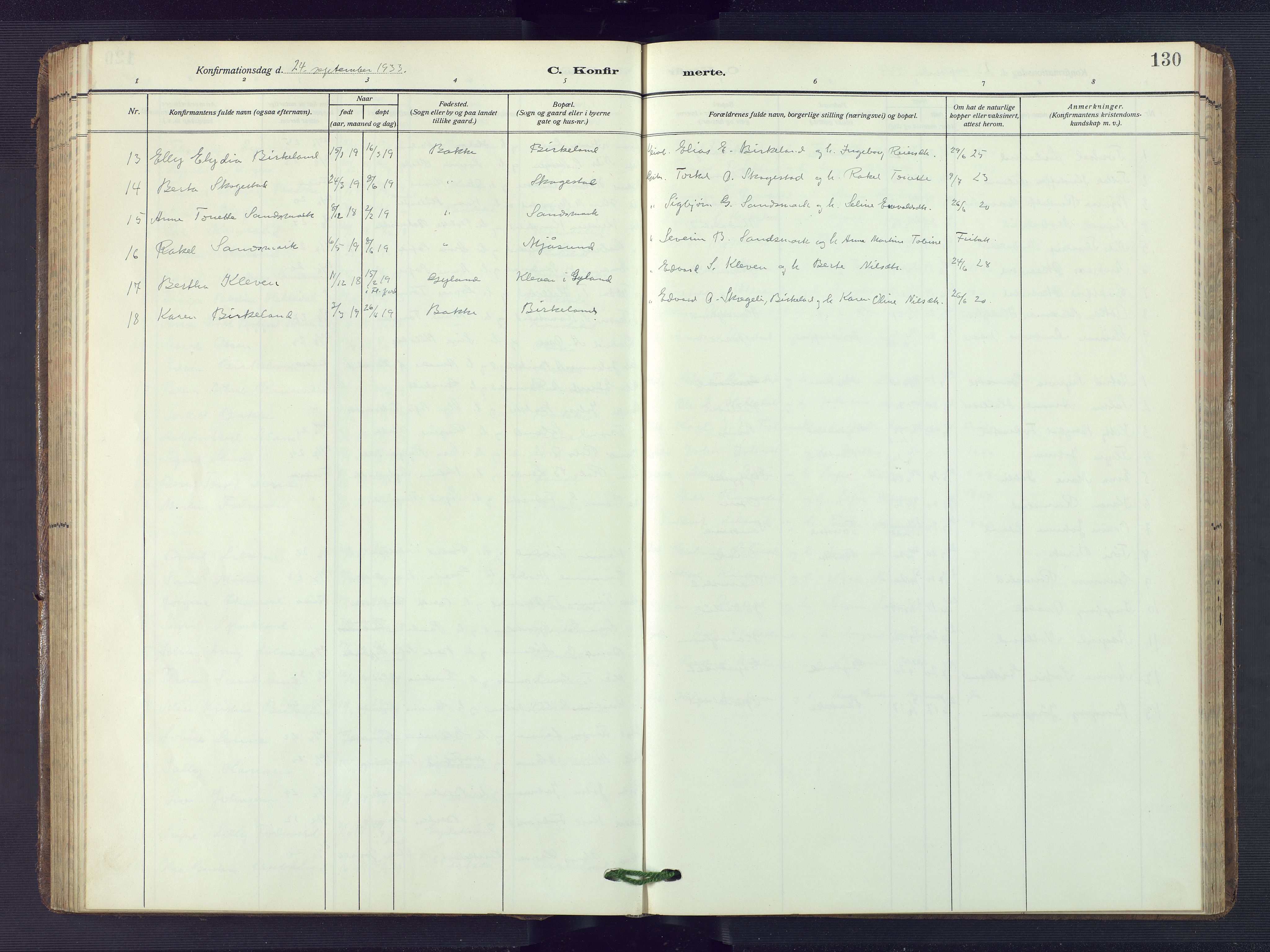 Bakke sokneprestkontor, AV/SAK-1111-0002/F/Fb/Fba/L0004: Parish register (copy) no. B 4, 1911-1946, p. 130