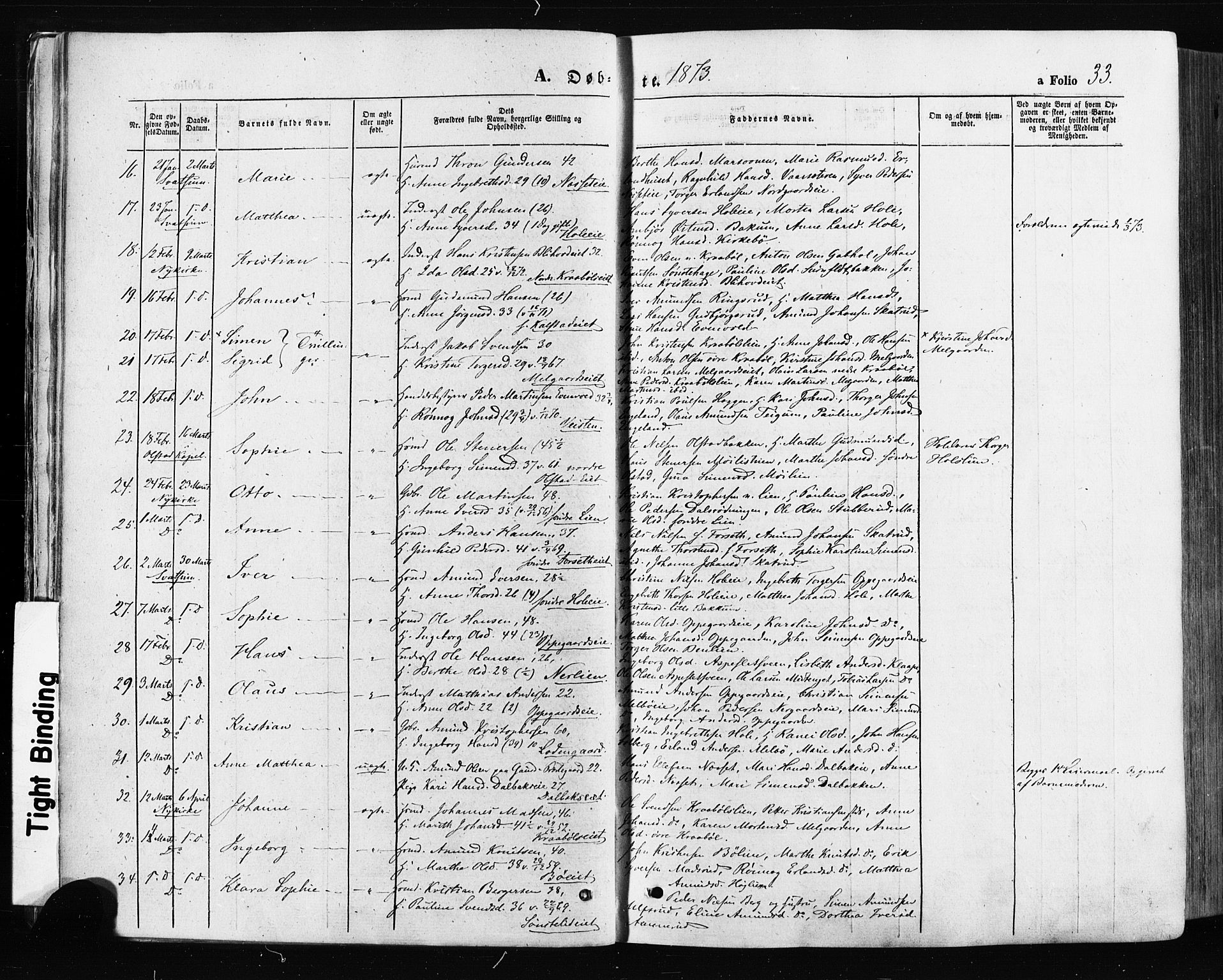 Gausdal prestekontor, SAH/PREST-090/H/Ha/Haa/L0010: Parish register (official) no. 10, 1867-1886, p. 33
