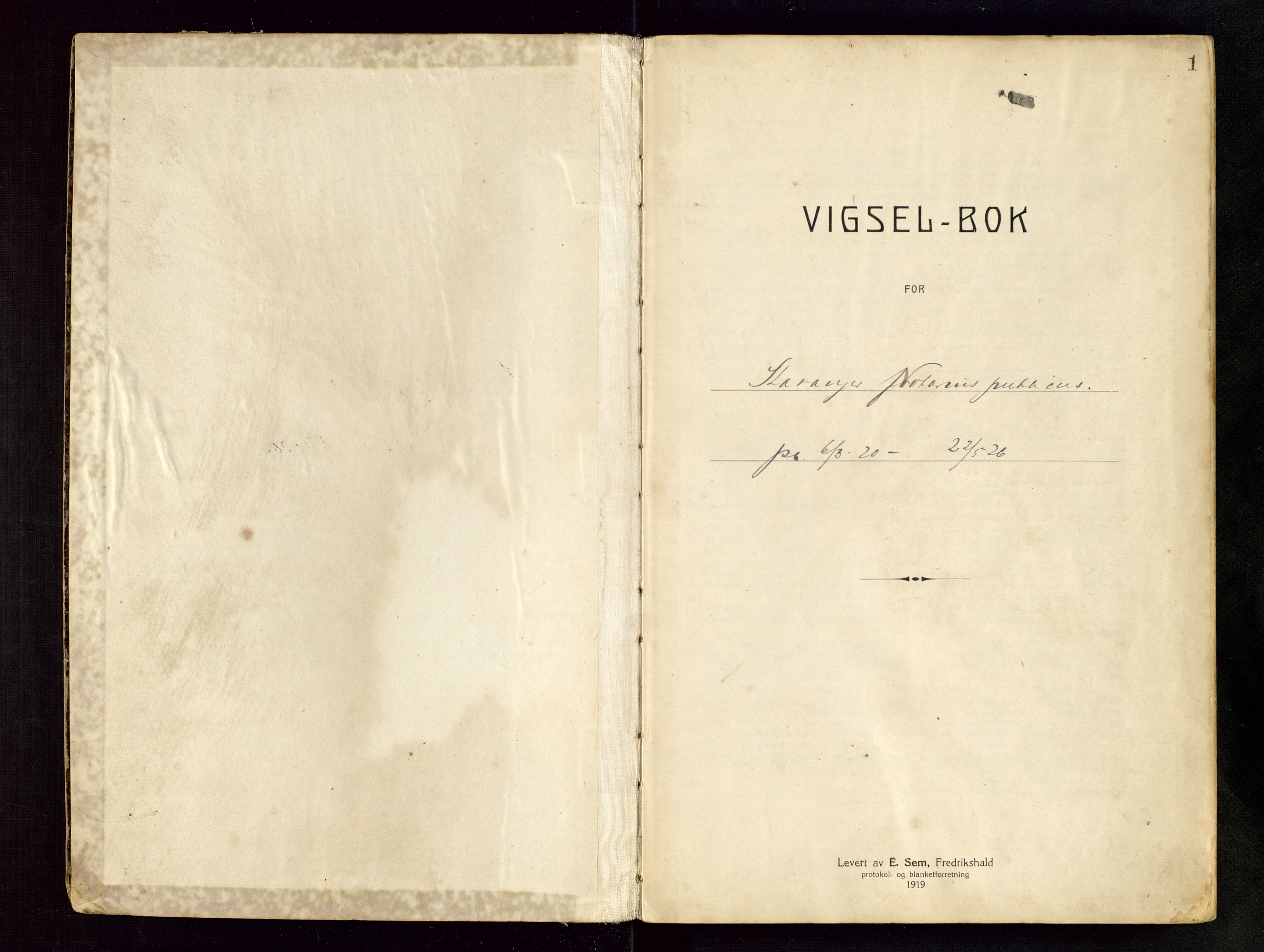 Stavanger byfogd, AV/SAST-A-101408/001/6/62/62BB/L0001: Vigselsprotokoll, 1920-1926, p. 1